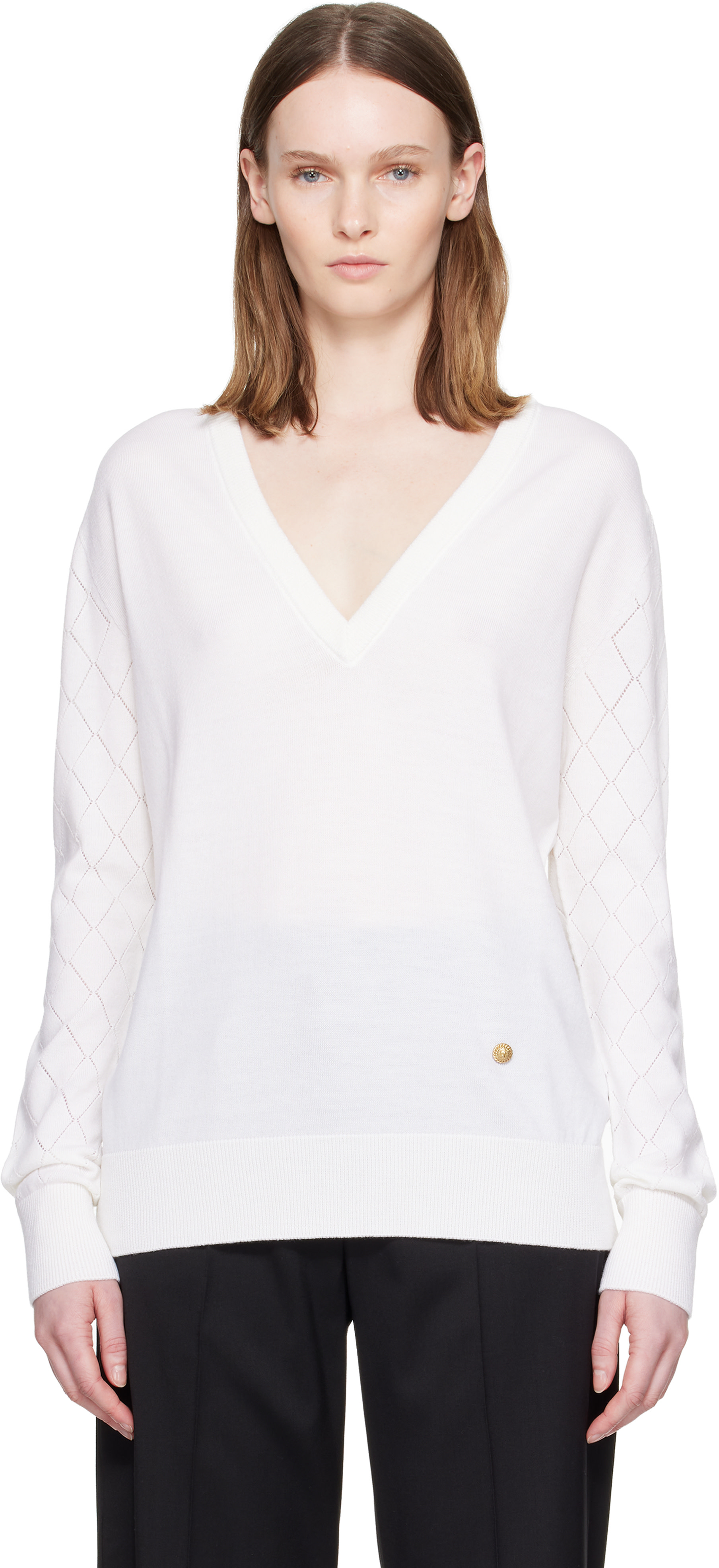 Balmain - Pull blanc en tricot léger à col en V