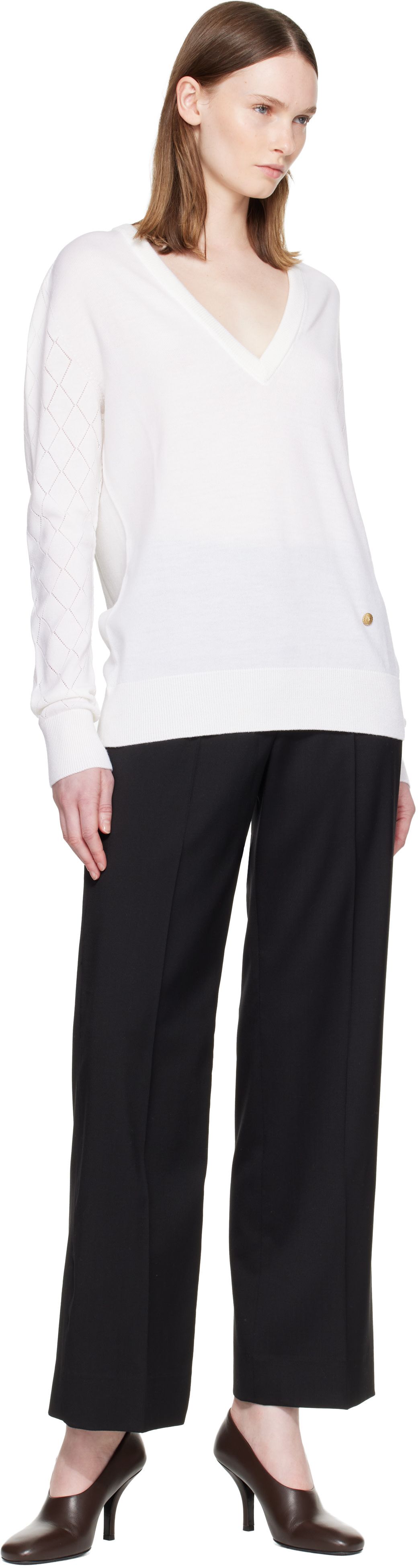 Balmain - Pull blanc en tricot léger à col en V