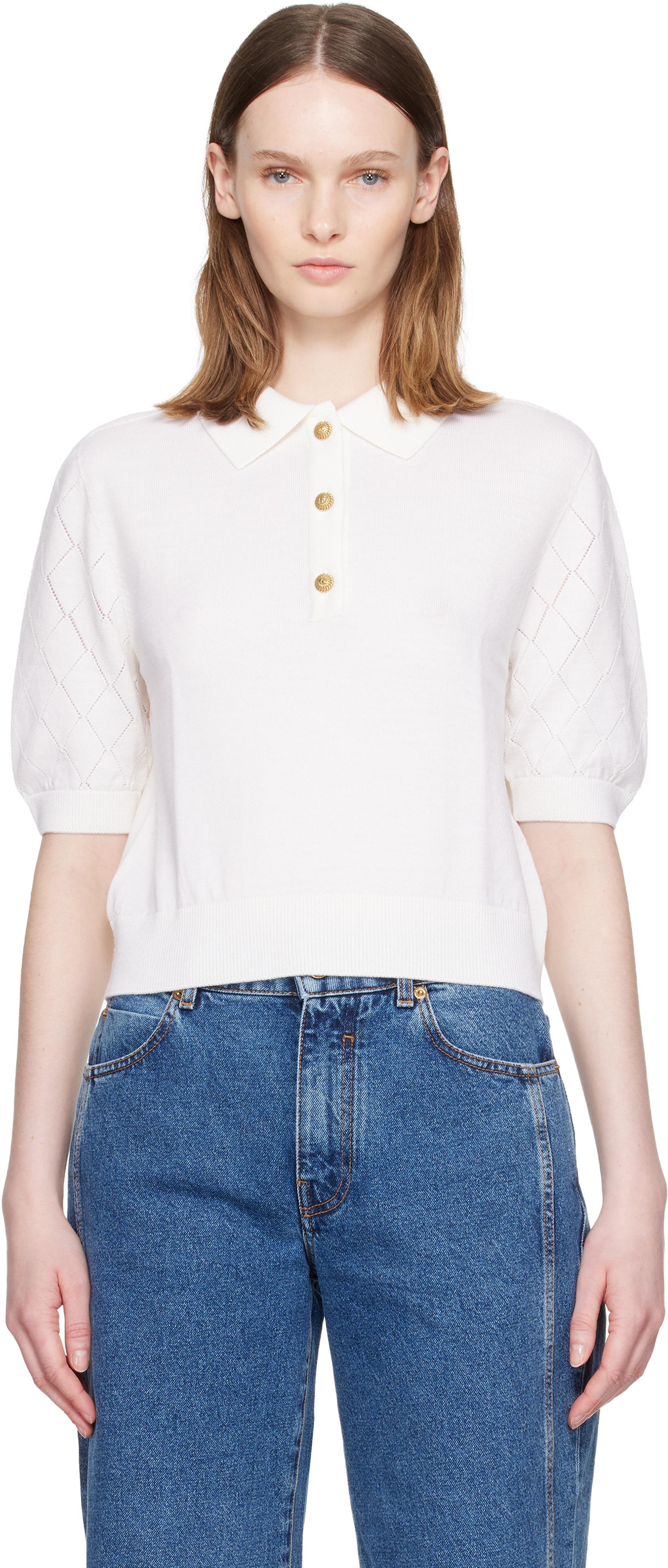 Balmain - Polo matelassé blanc à trois boutons