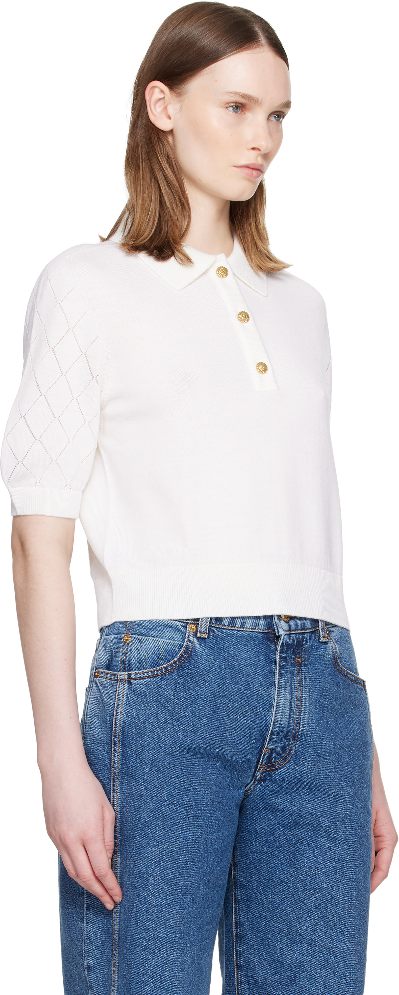 Balmain - Polo matelassé blanc à trois boutons