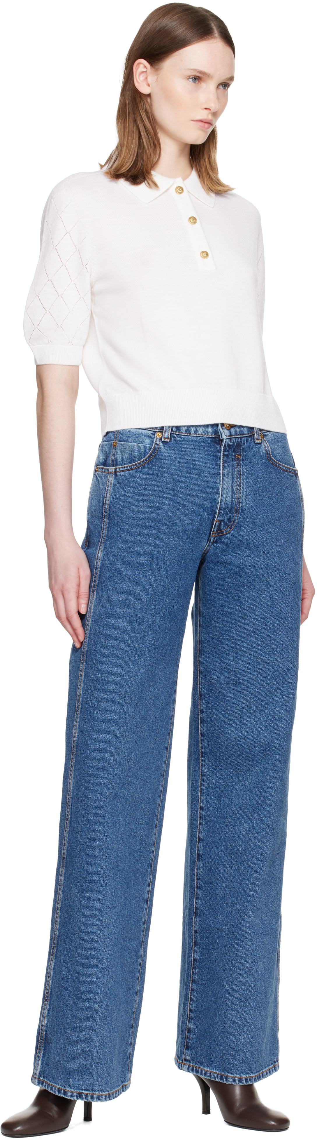 Balmain - Polo matelassé blanc à trois boutons