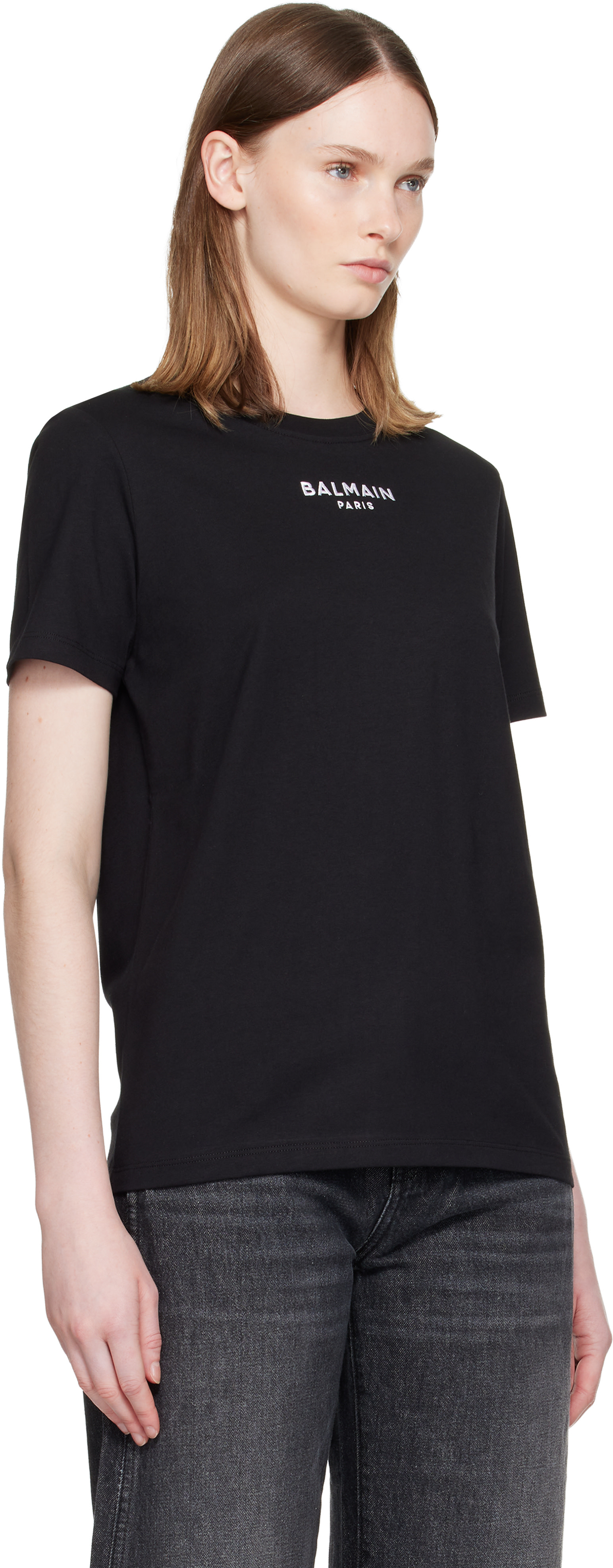 BALMAIN: Black 'Balmain Paris' Print T-shirt | SSENSE