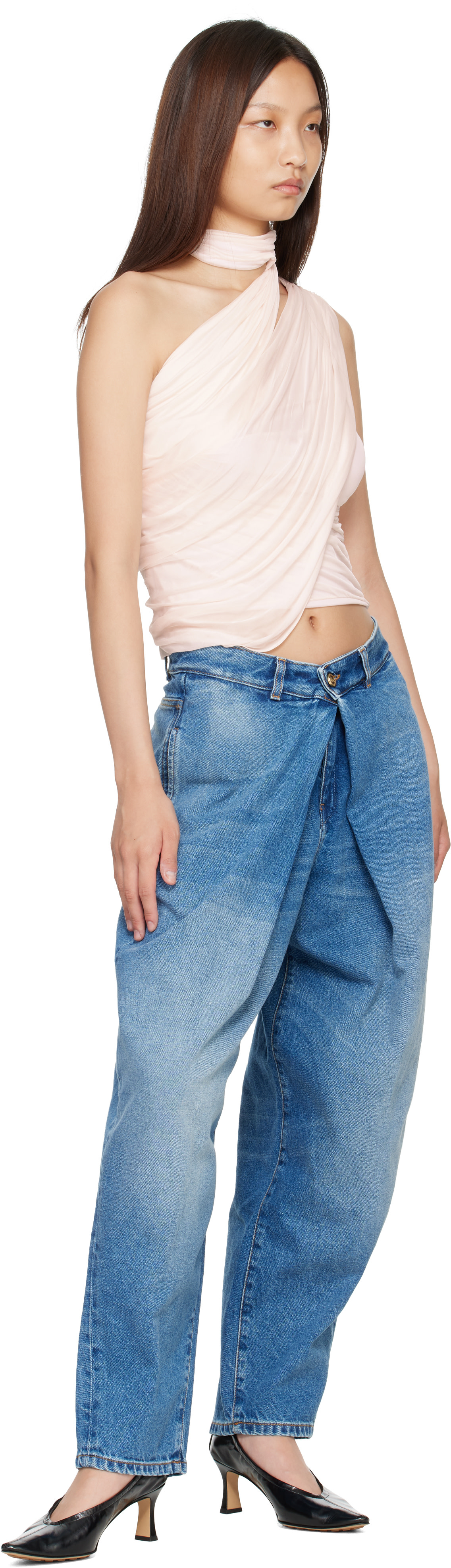 Balmain - Haut drapé rose en jersey à assemblage asymétrique