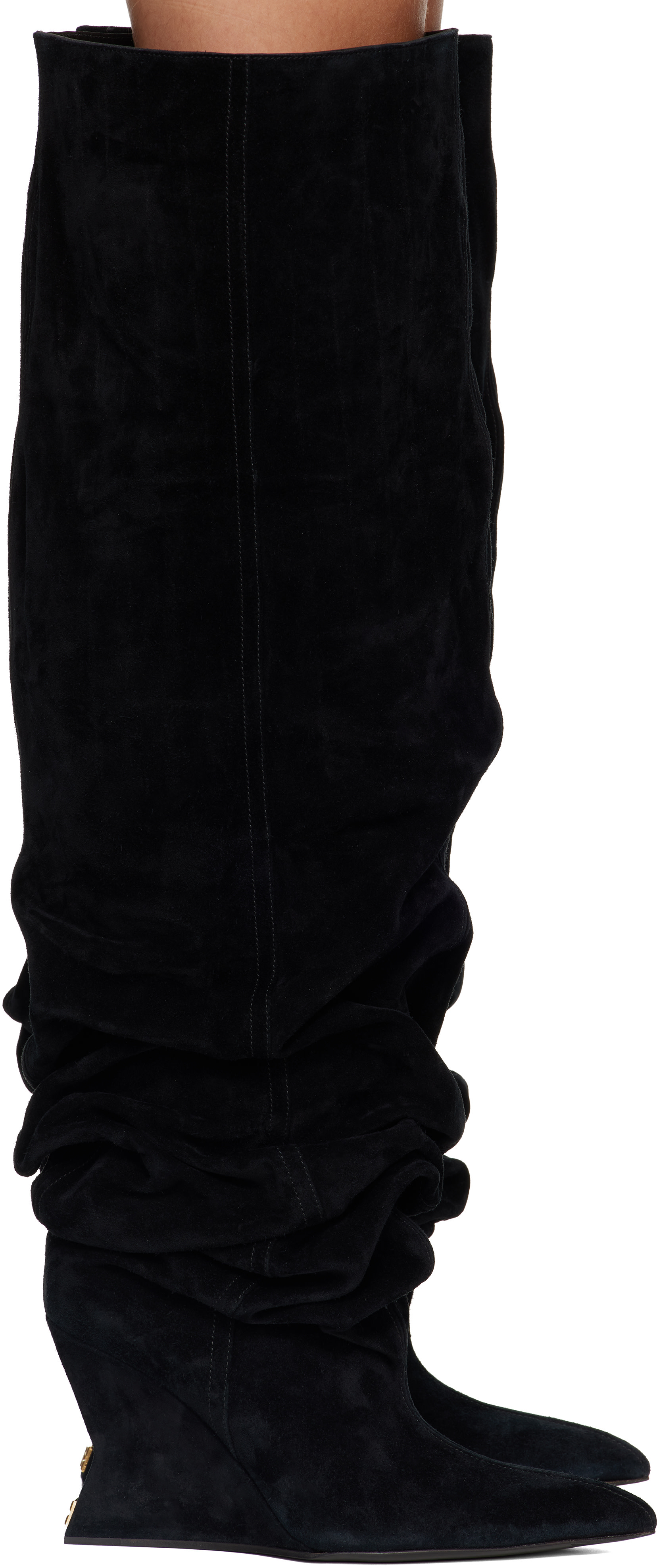 BALMAIN: Black Suede Leather Wedge Thigh-High Boots | SSENSE