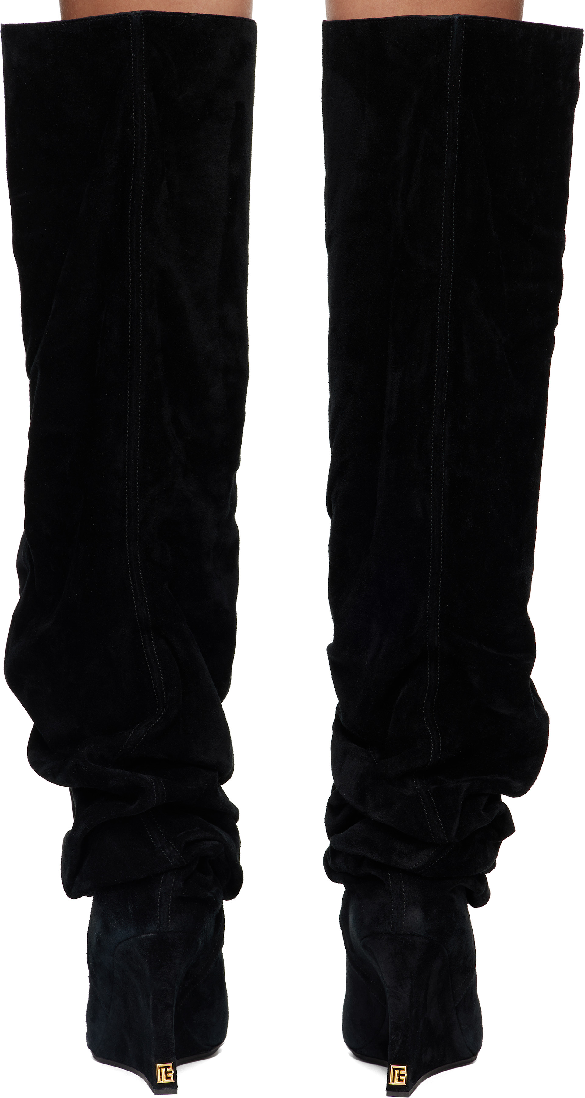 BALMAIN: Black Suede Leather Wedge Thigh-High Boots | SSENSE
