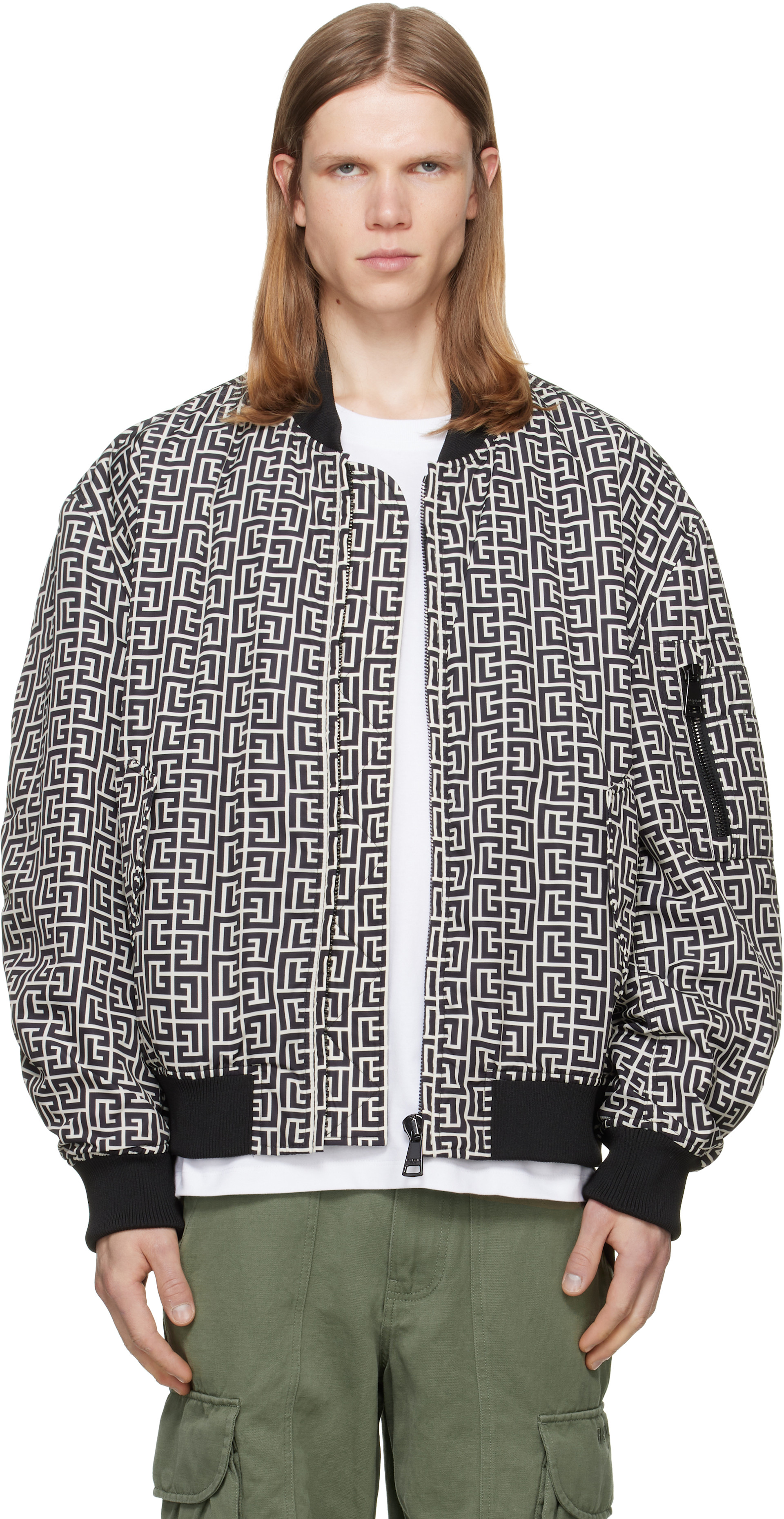BALMAIN - Black & White Monogram Bomber Jacket
