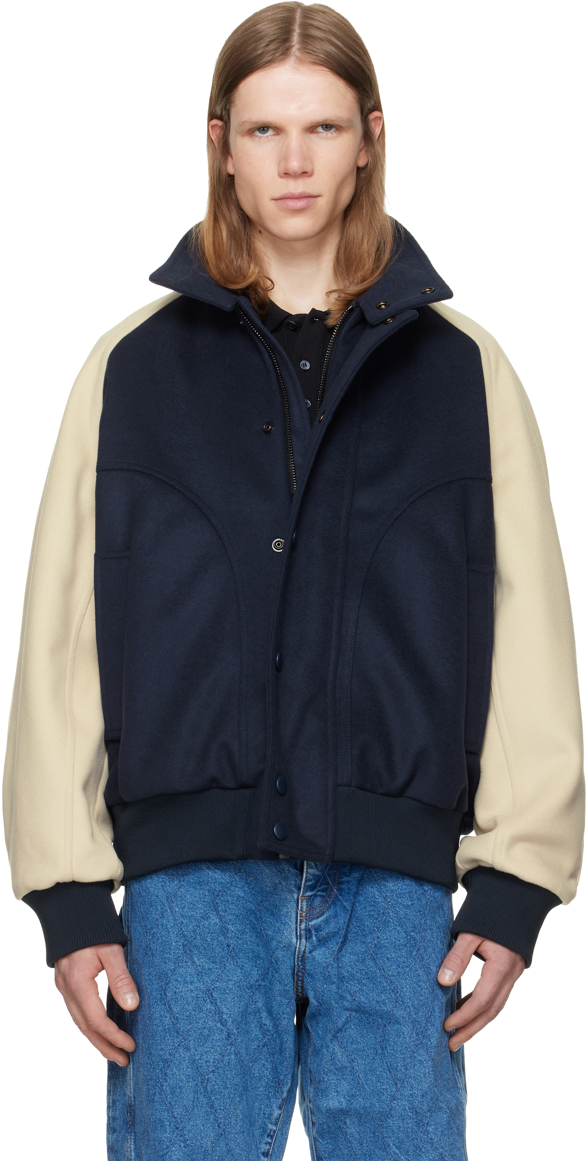 BALMAIN: Navy & Off-White Vintage Wool Bicolor Bomber Jacket