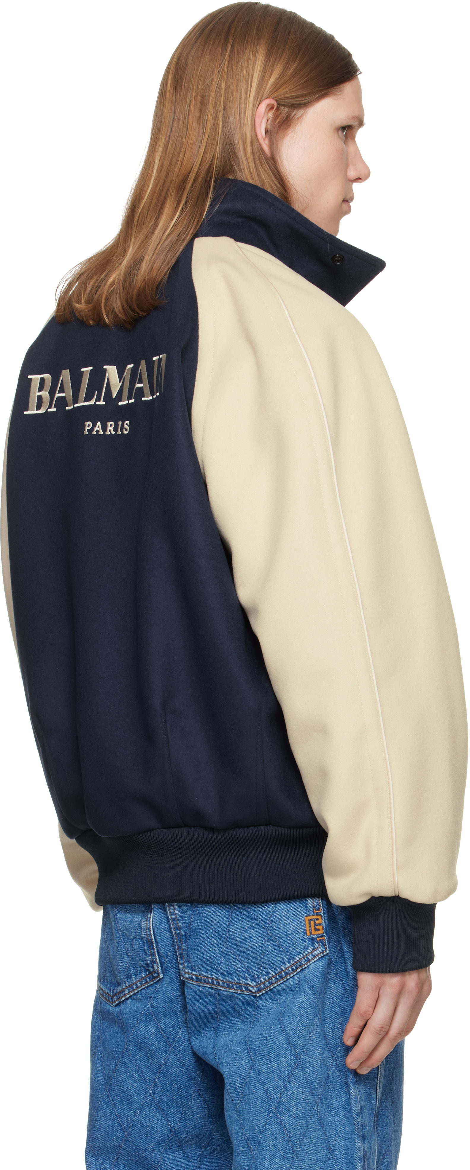BALMAIN: Navy & Off-White Vintage Wool Bicolor Bomber Jacket | SSENSE