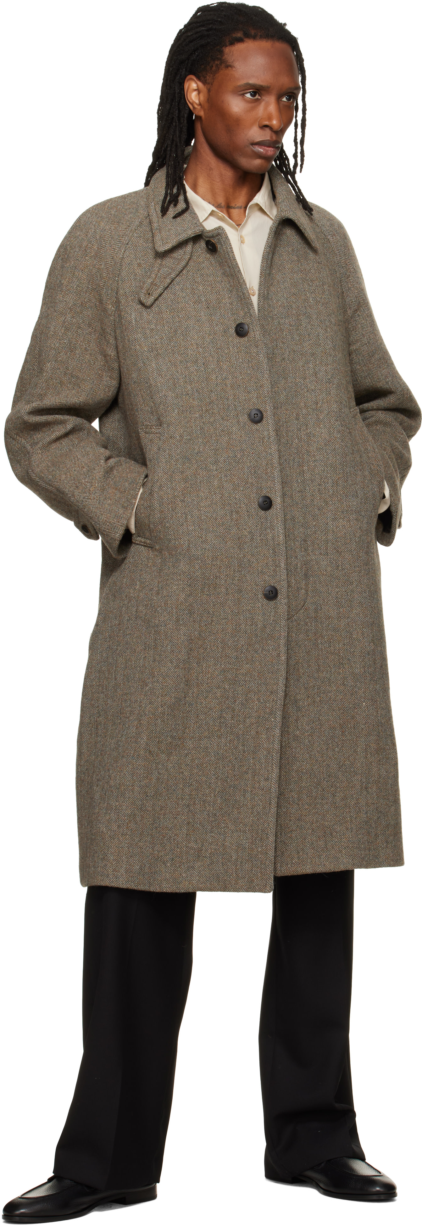 TONYWACK - Beige Herringbone Wool Raglan Coat