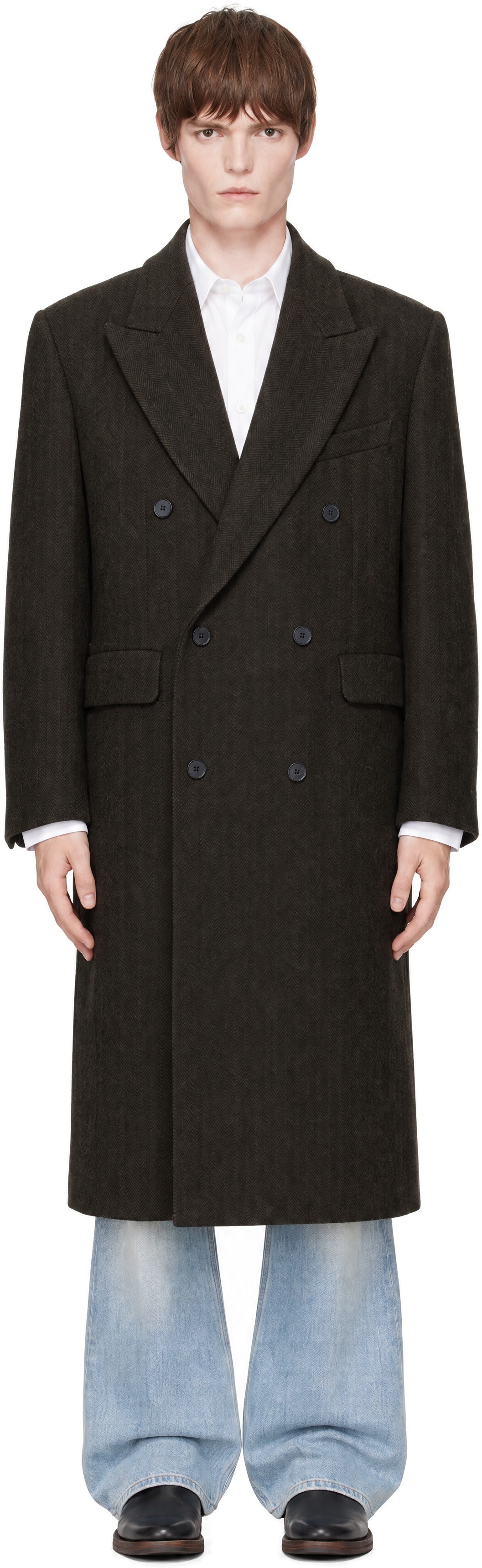 TONYWACK - Brown Herringbone Wool Double-Breasted Coat