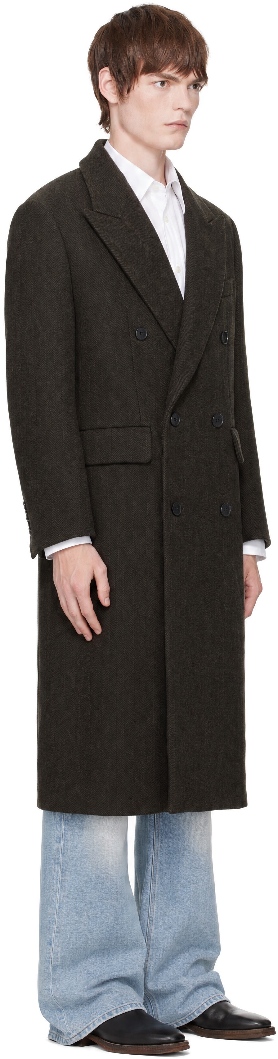 TONYWACK - Brown Herringbone Wool Double-Breasted Coat