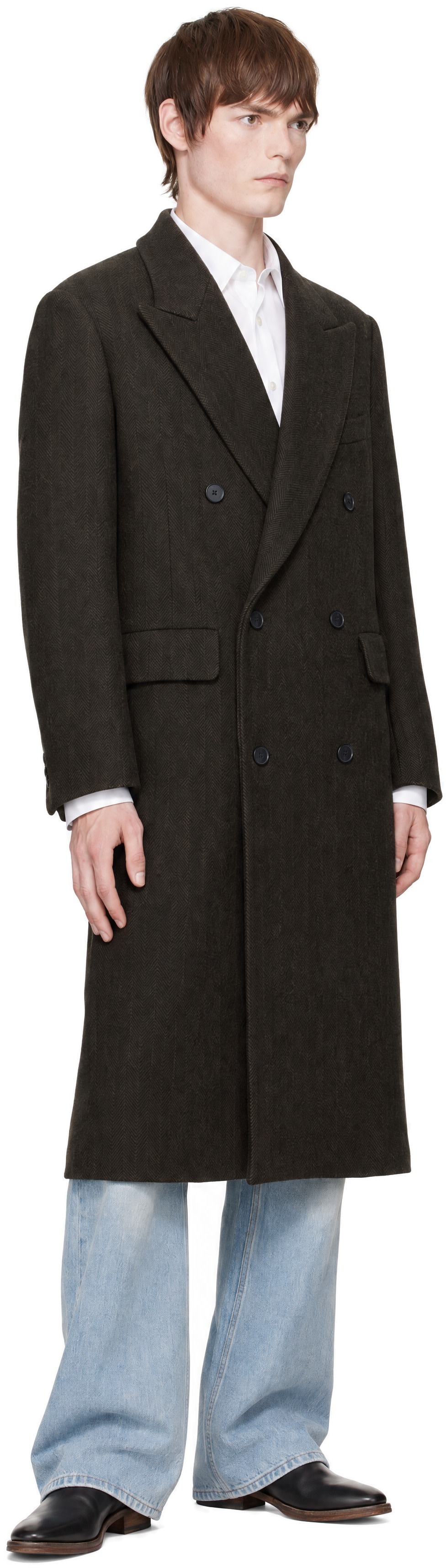 TONYWACK - Brown Herringbone Wool Double-Breasted Coat