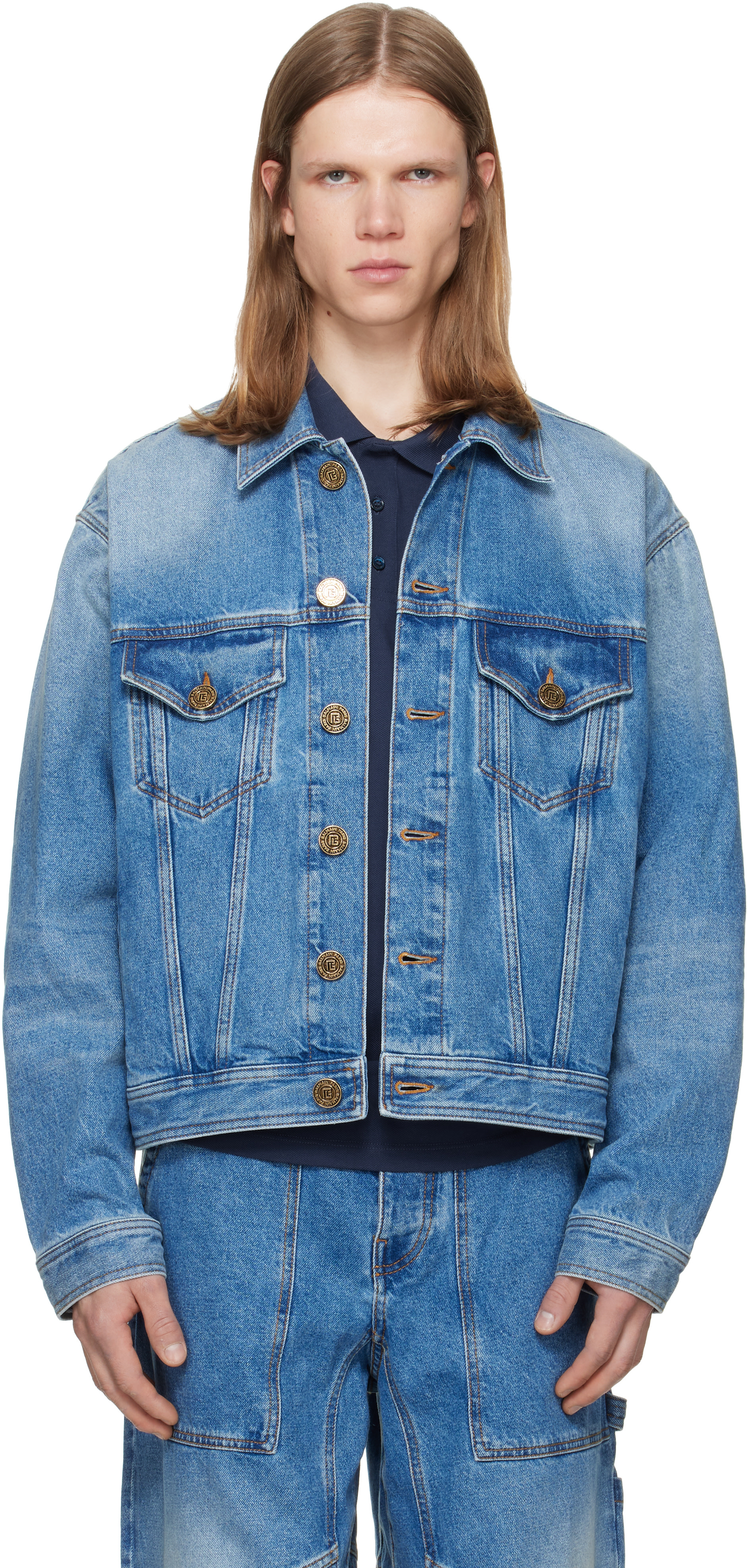 BALMAIN デニム ライダース ジャケット S Balmain: ブルー フェード デニムジャケット | SSENSE 日本