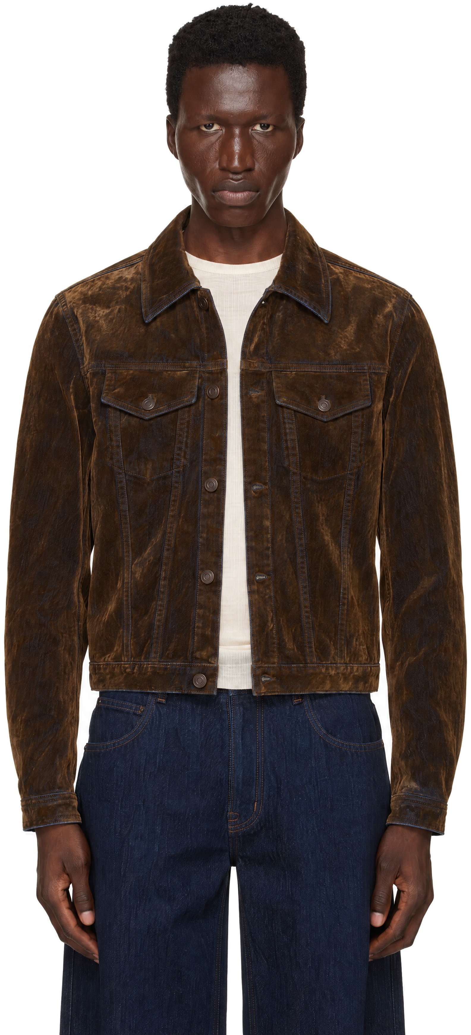 TONYWACK - Brown Flocked Denim Trucker Jacket