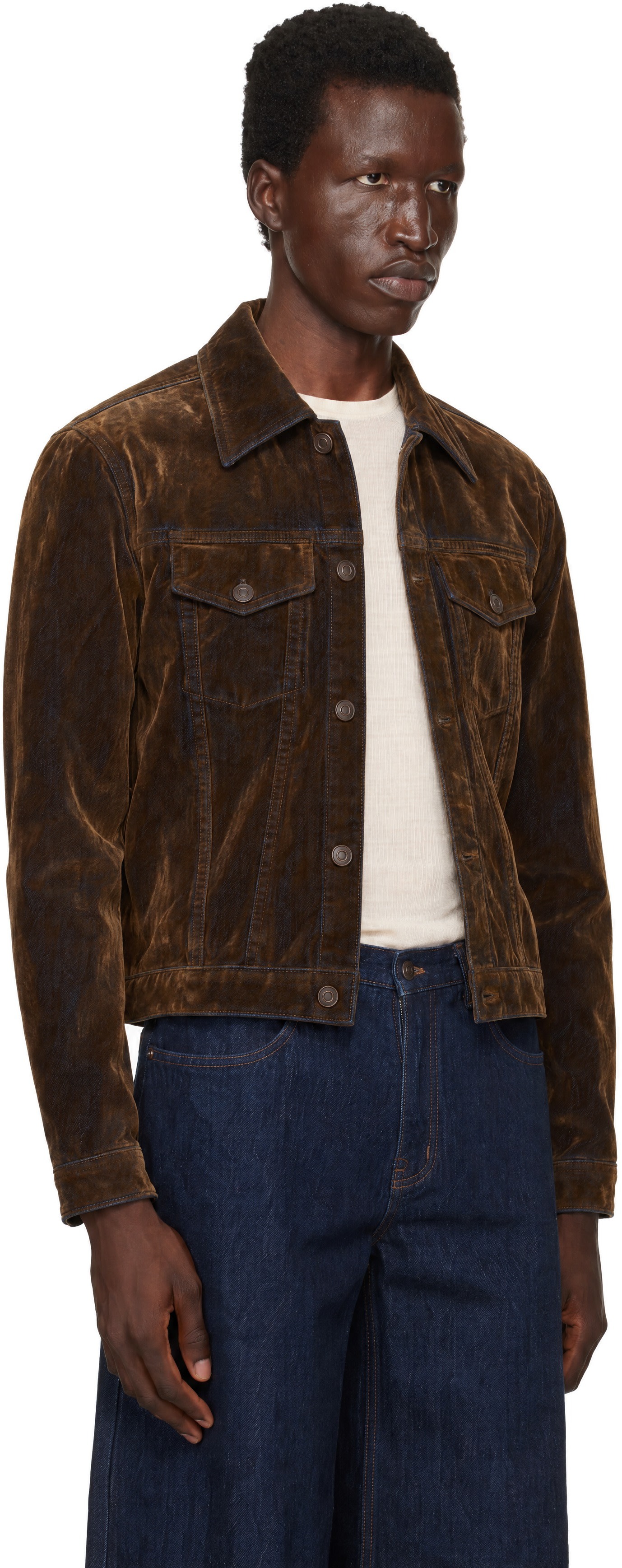 TONYWACK - Brown Flocked Denim Trucker Jacket
