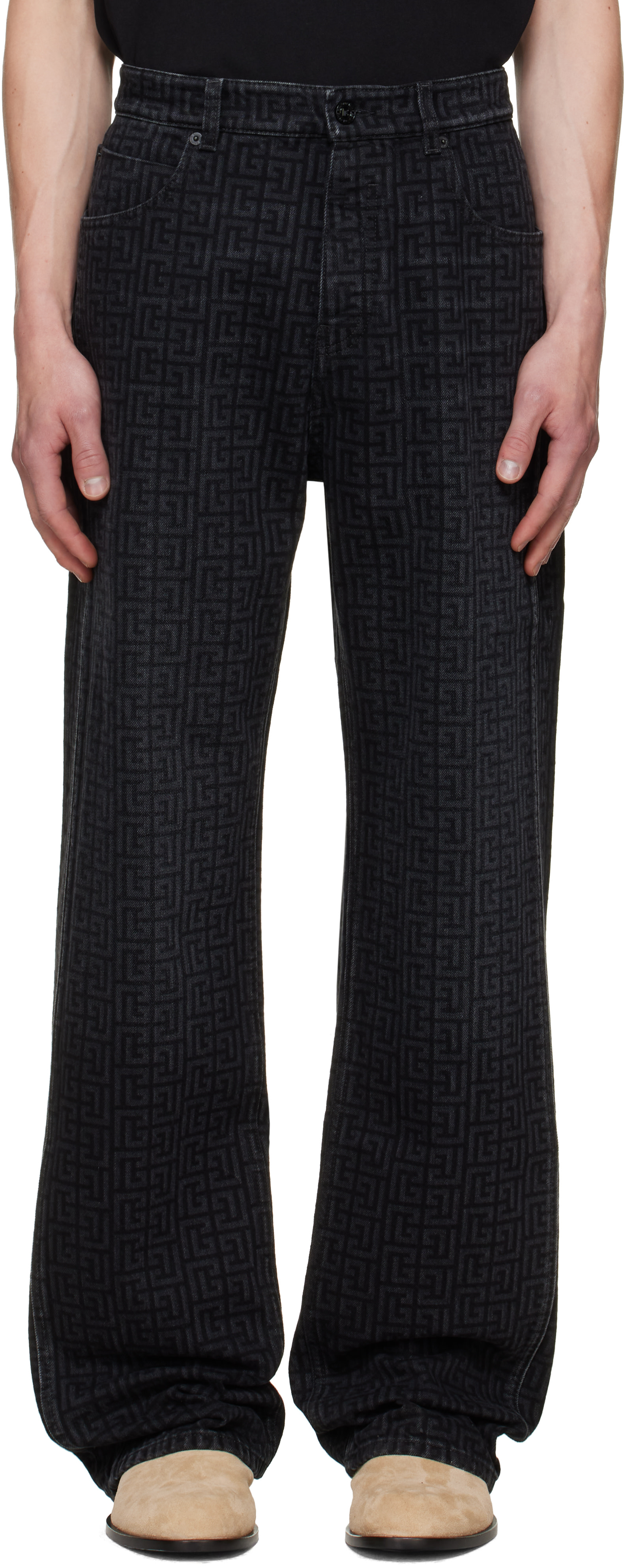 BALMAIN - Black Monogram Loose Jeans