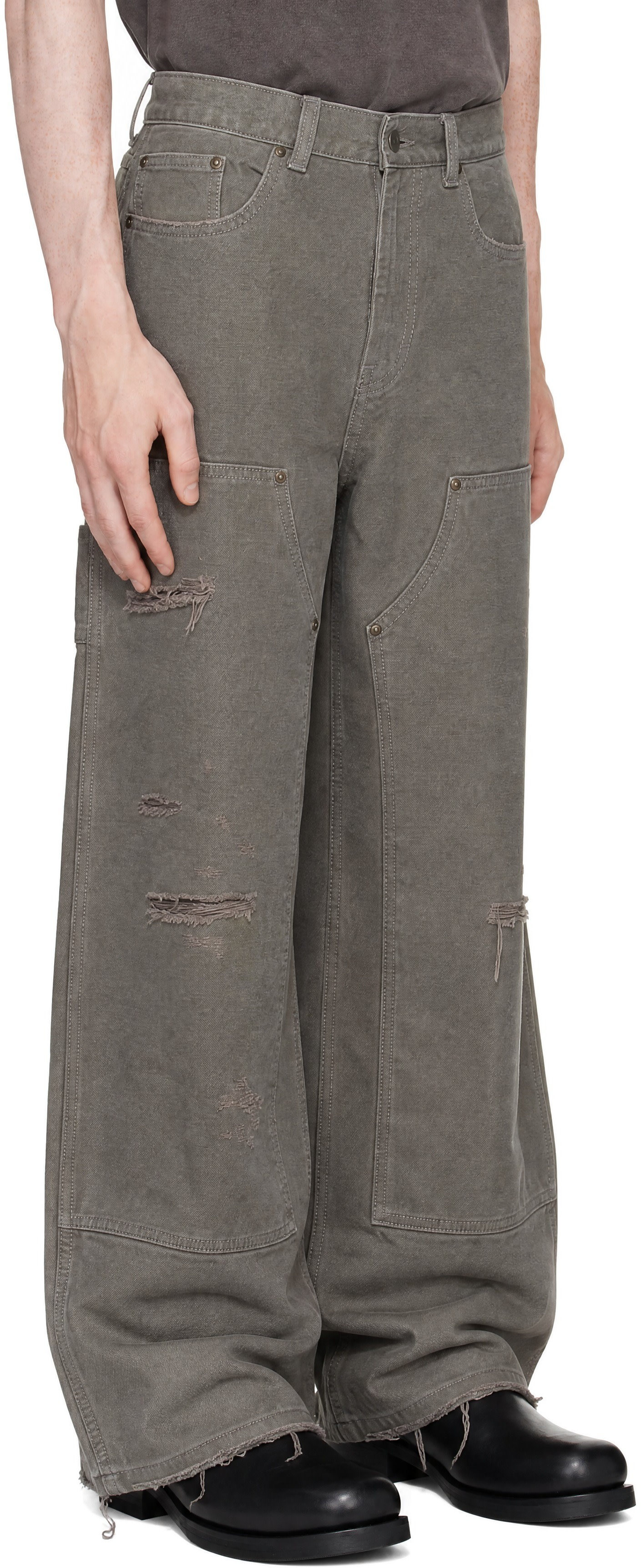 TONYWACK - Gray Grain Canvas Distressed Work Pants