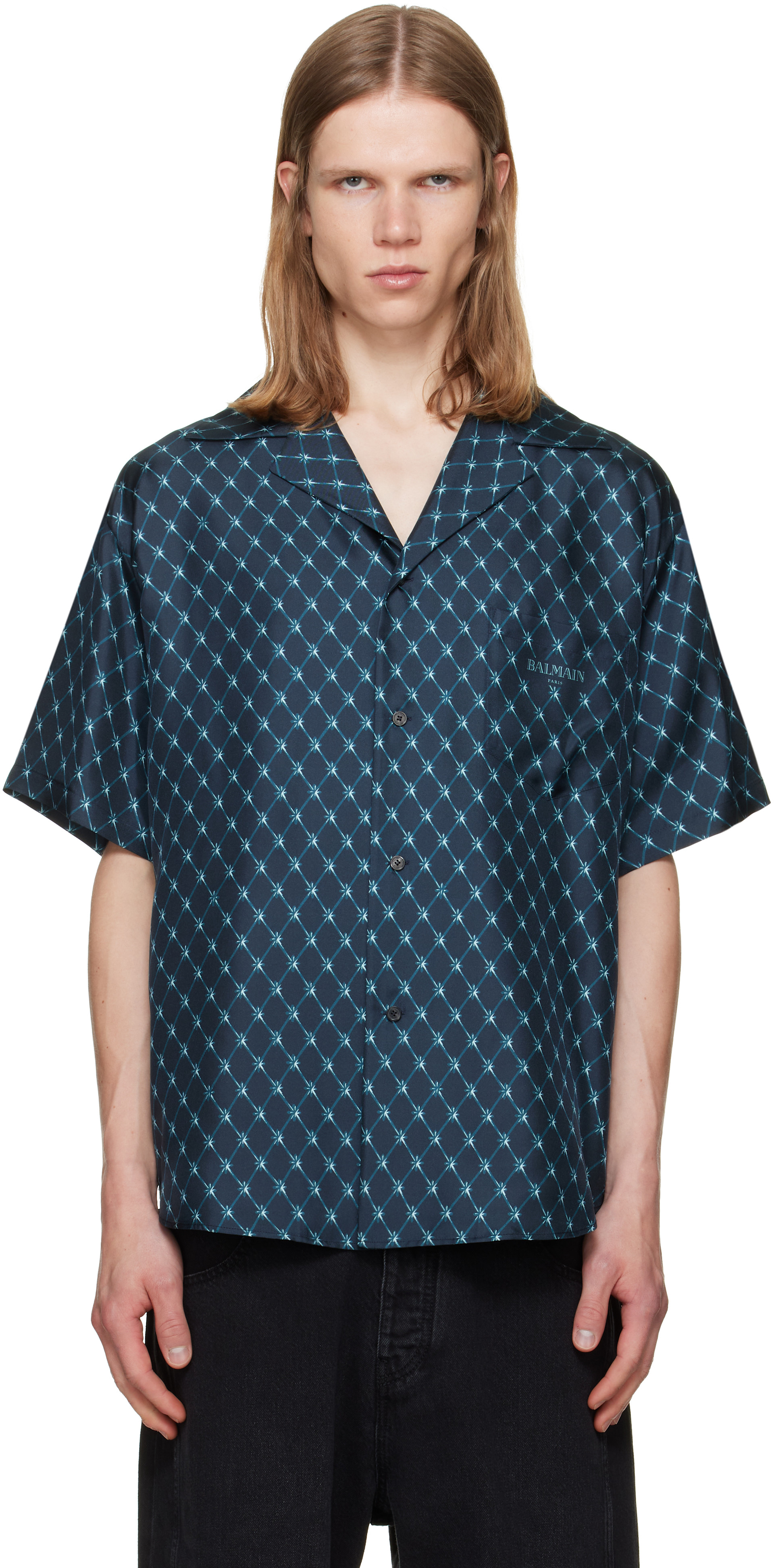 Balmain: ネイビー Grid Print シルク ルーズ 半袖シャツ | SSENSE 日本