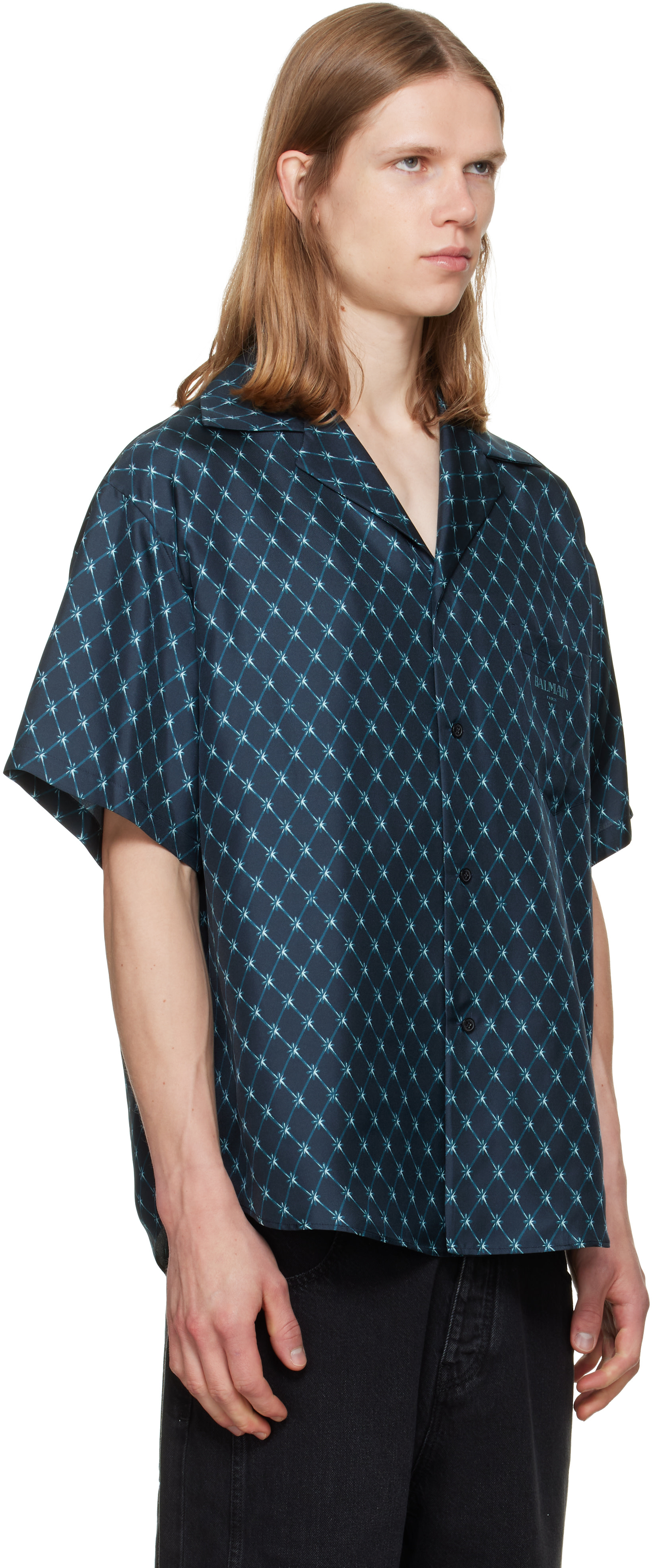 balmain 半袖シャツ Balmain: ネイビー Grid Print シルク ルーズ 半袖シャツ | SSENSE 日本