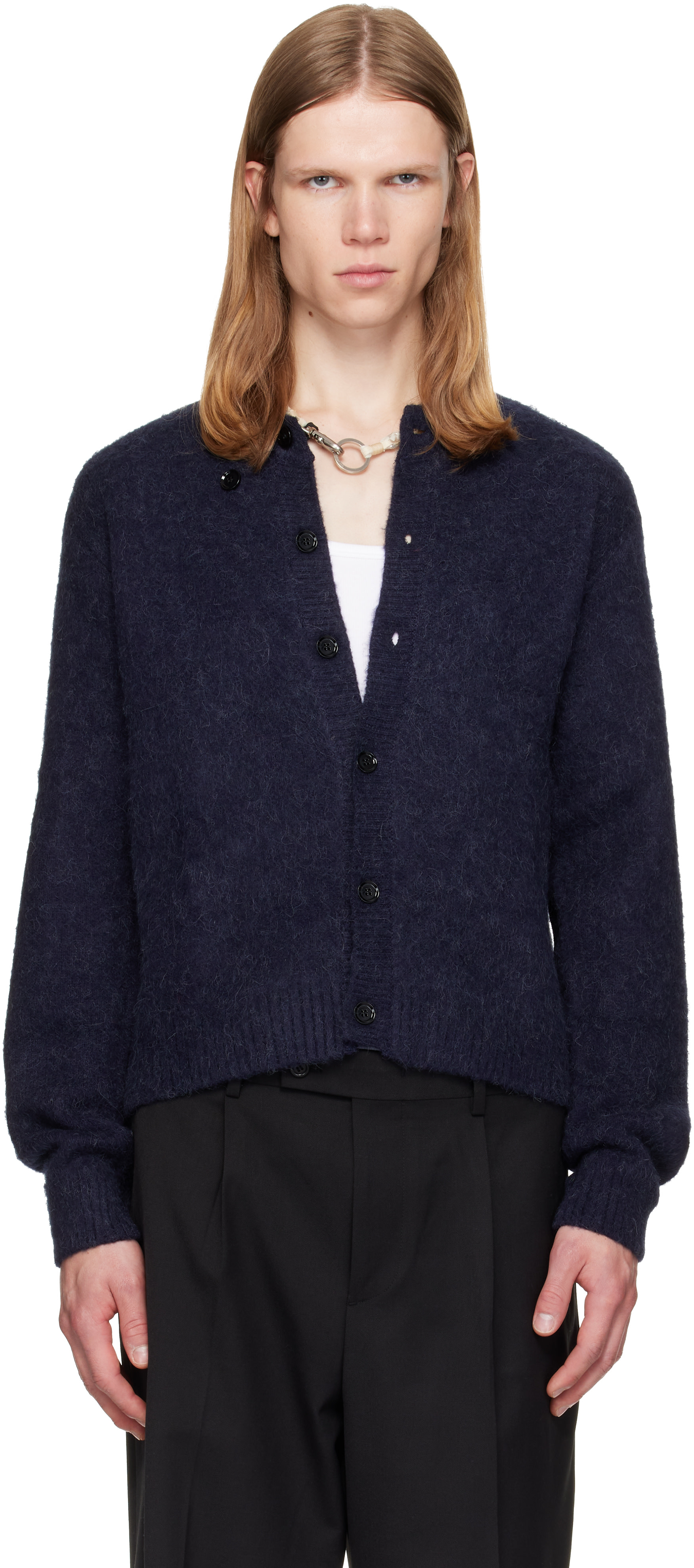 TONYWACK: ネイビー Brushed Wool Crew-Neck カーディガン | SSENSE 日本