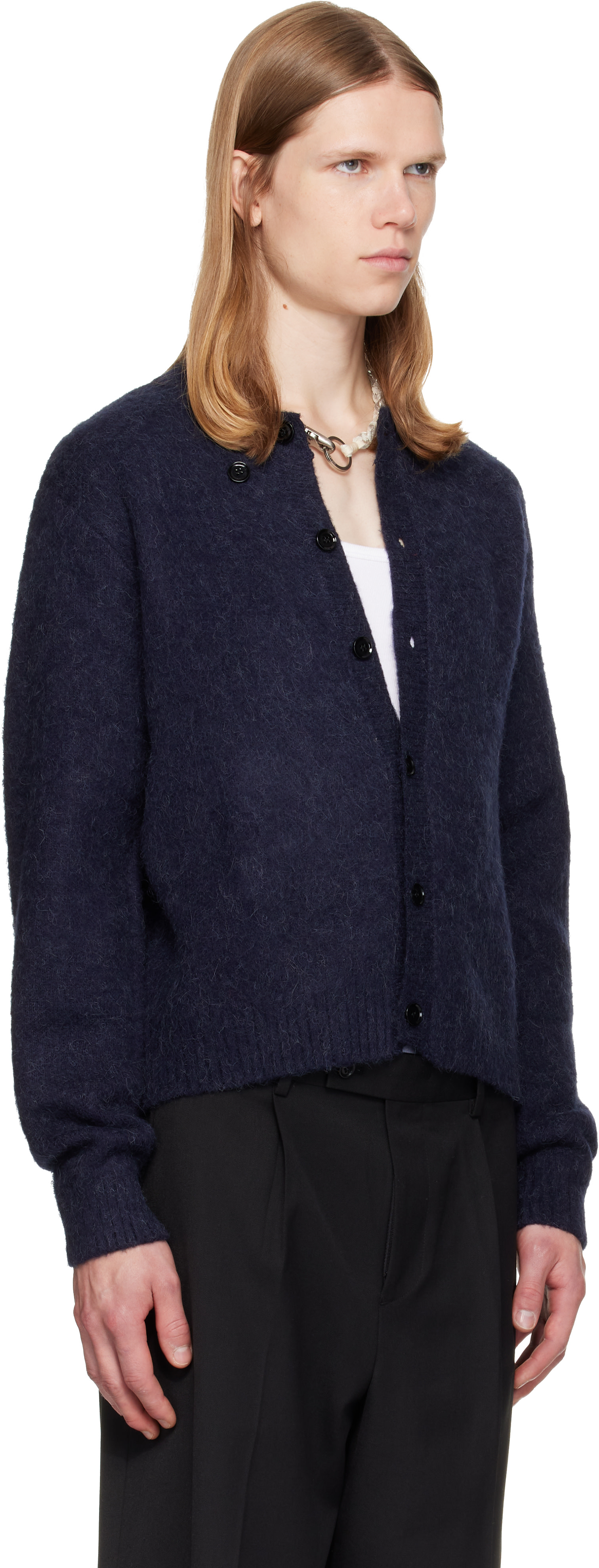 TONYWACK: Navy Brushed Wool Crew-Neck Cardigan | SSENSE