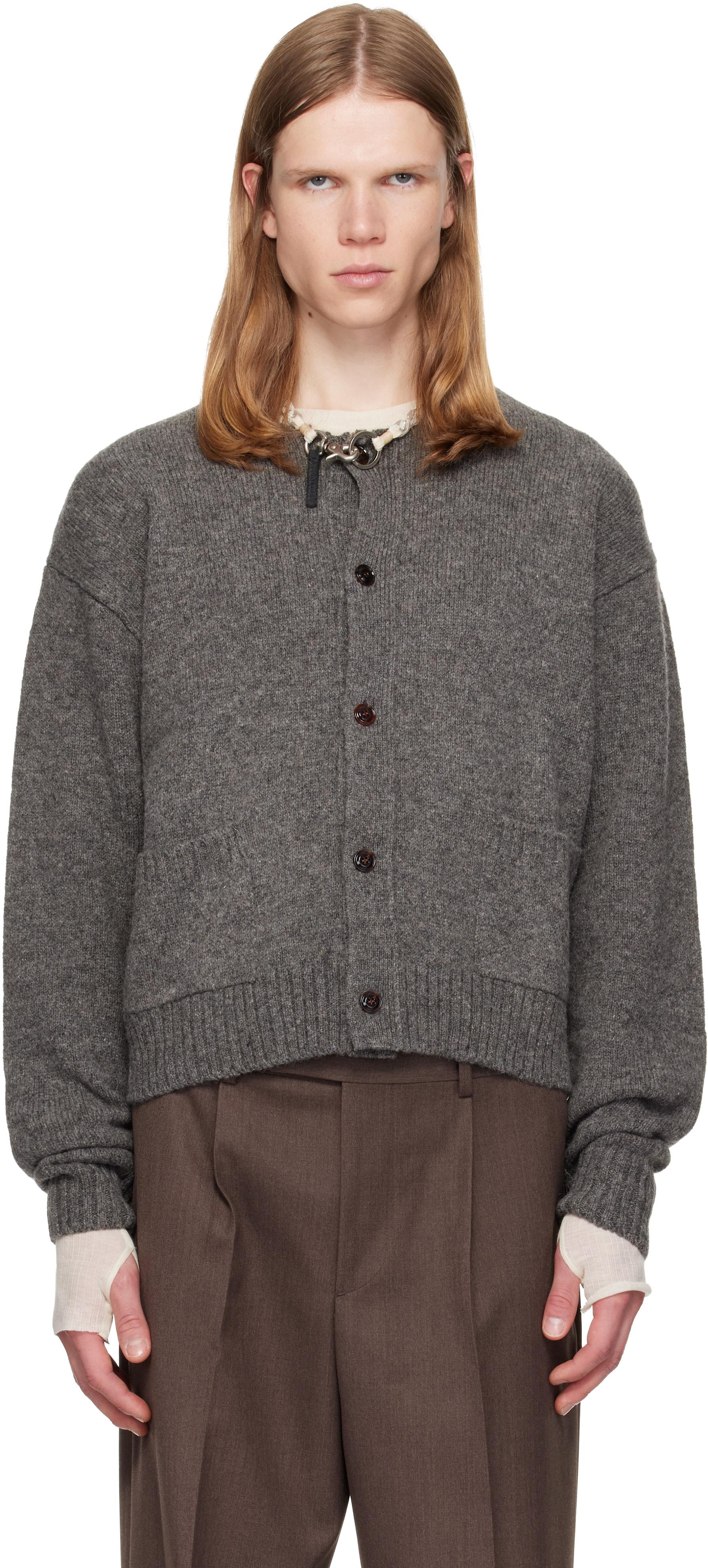 希少 90s goodenough shetland wool cardigan TONYWACK: Gray Shetland Wool Raw Cardigan | SSENSE