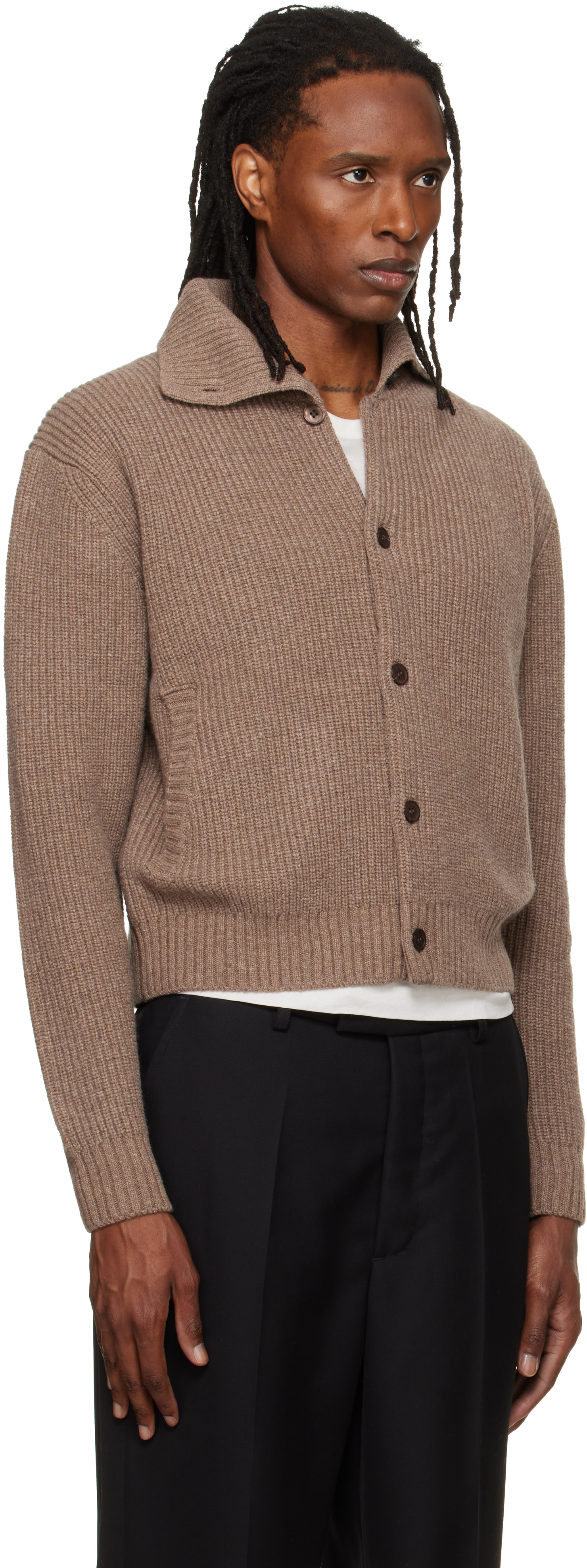 TONYWACK: Beige High Neck Merino Wool Cardigan | SSENSE