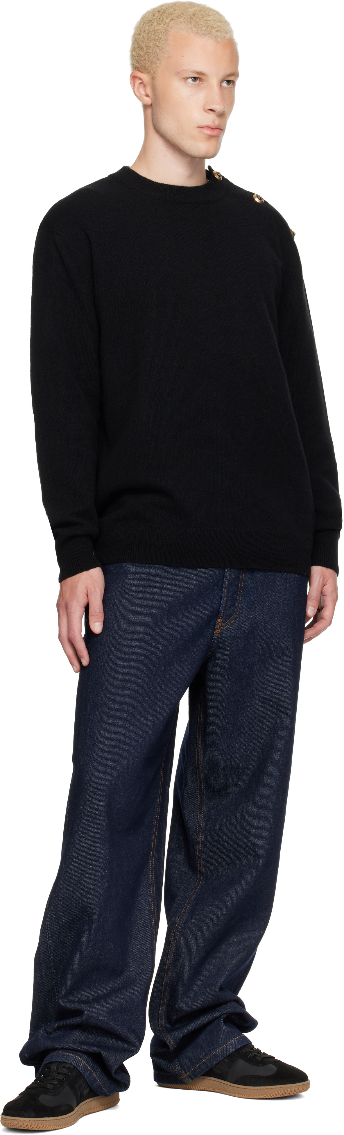 BALMAIN: Black Buttoned Eco-Cashmere Knit Sweater | SSENSE