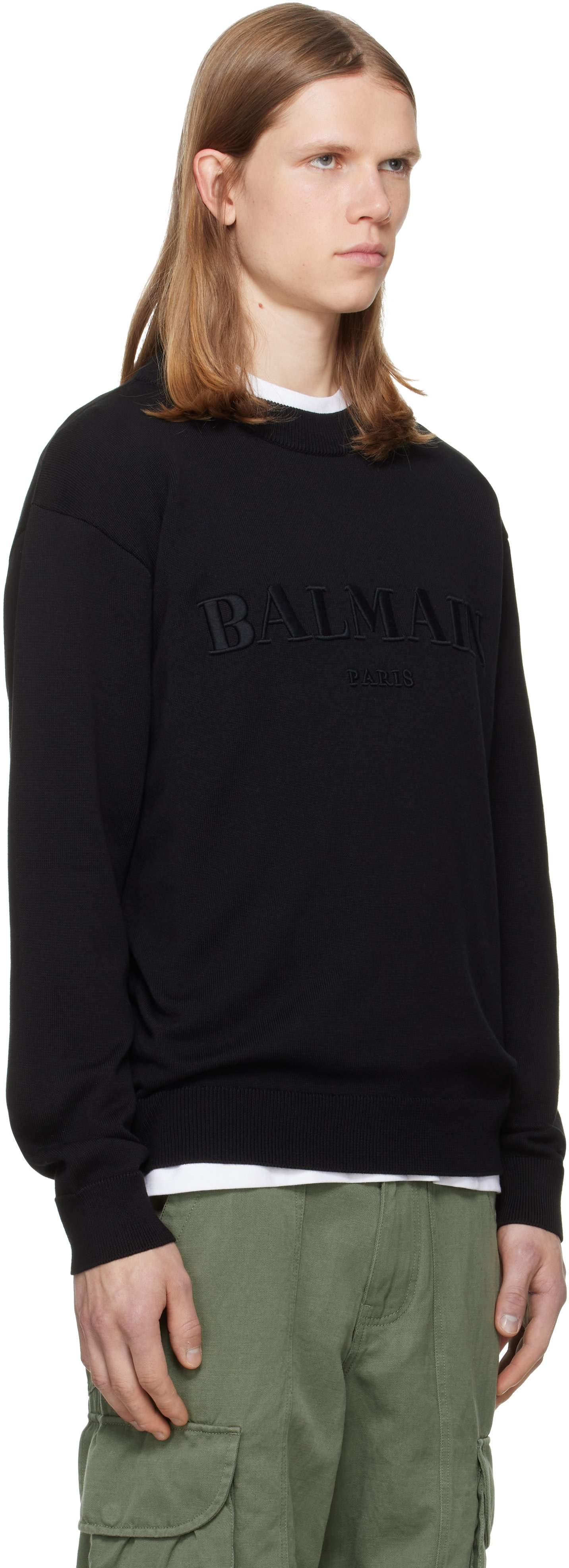 Balmain - Pull rétro noir en coton à logo brodé