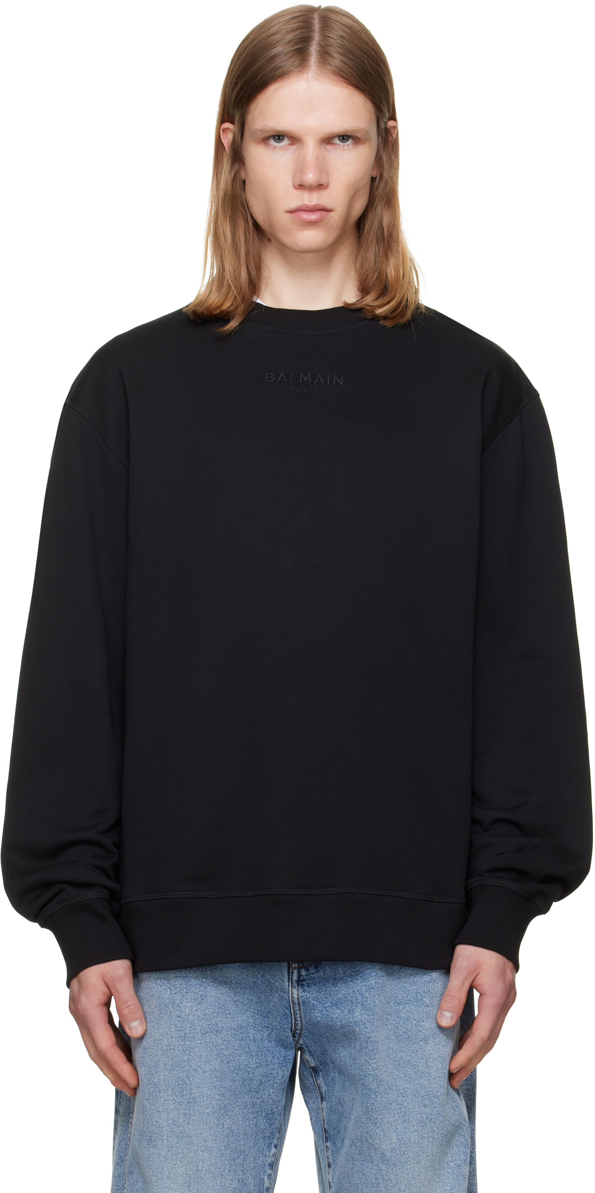 トップス BALMAIN HOMME Drape cut sew BALMAIN: Black Embroidered 'Balmain Paris' Sweatshirt | SSENSE