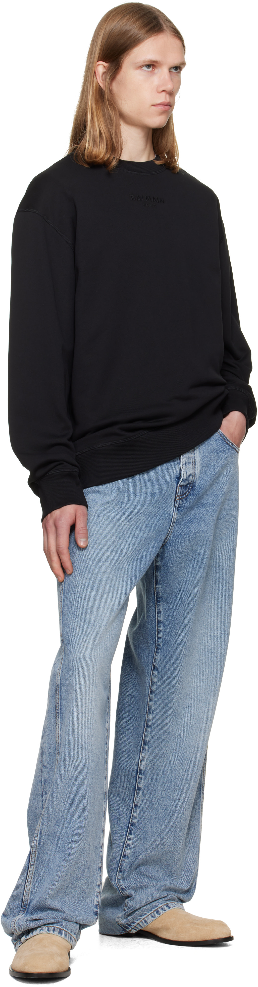 BALMAIN: Black Embroidered 'Balmain Paris' Sweatshirt | SSENSE Japan