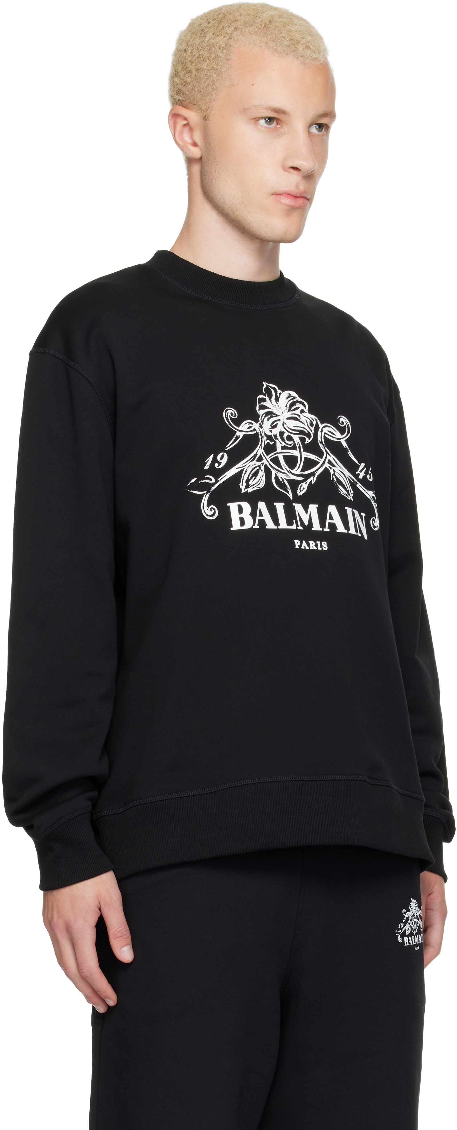 Balmain - Pull molletonné noir à logo et à image de vigne imprimés