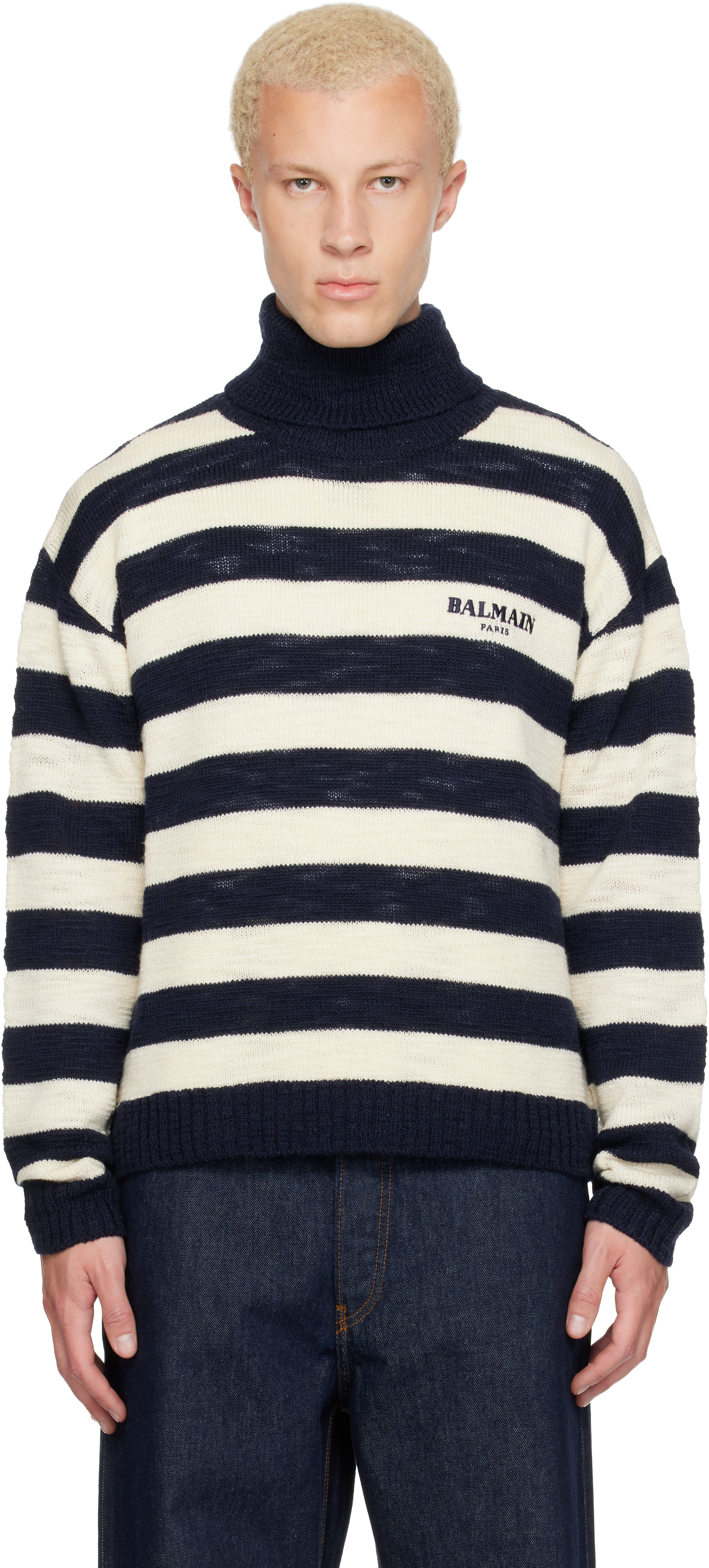 完売品　新品　BRIEFING MARINE STRIPE HIGHNECK BALMAIN: Navy & Off-White Mariniere Vintage Wool Turtleneck | SSENSE