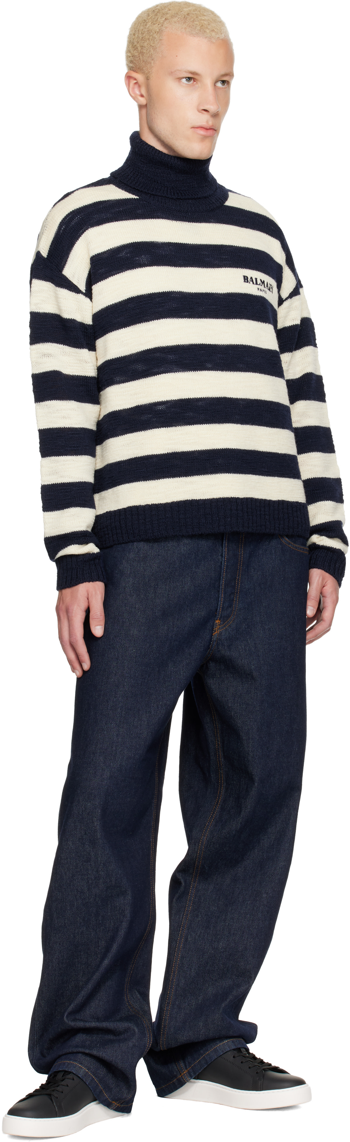 BALMAIN: Navy & Off-White Mariniere Vintage Wool Turtleneck | SSENSE