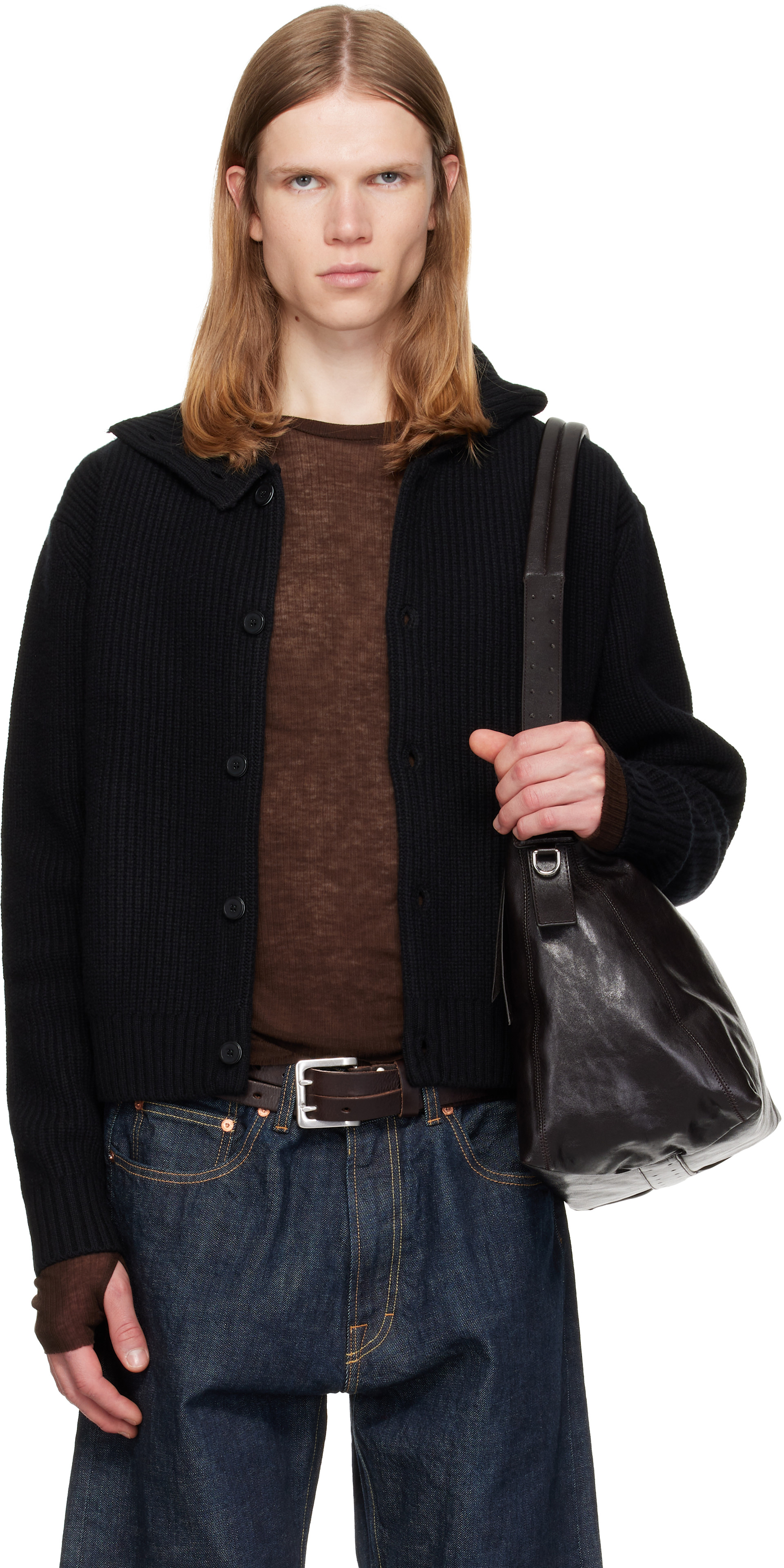 TONYWACK: Black High Neck Merino Wool Button-Up Cardigan | SSENSE