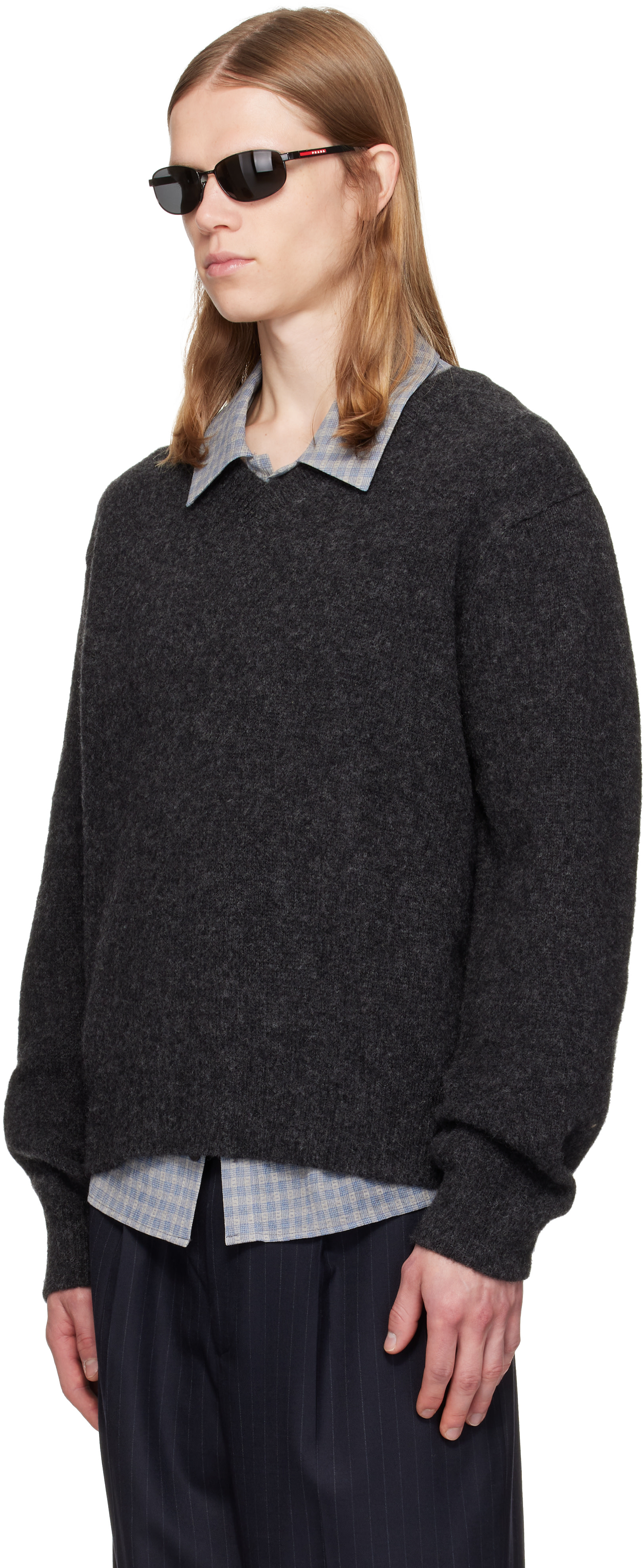 TONYWACK: Gray Brushed Shaggy Dog V-Neck Sweater | SSENSE