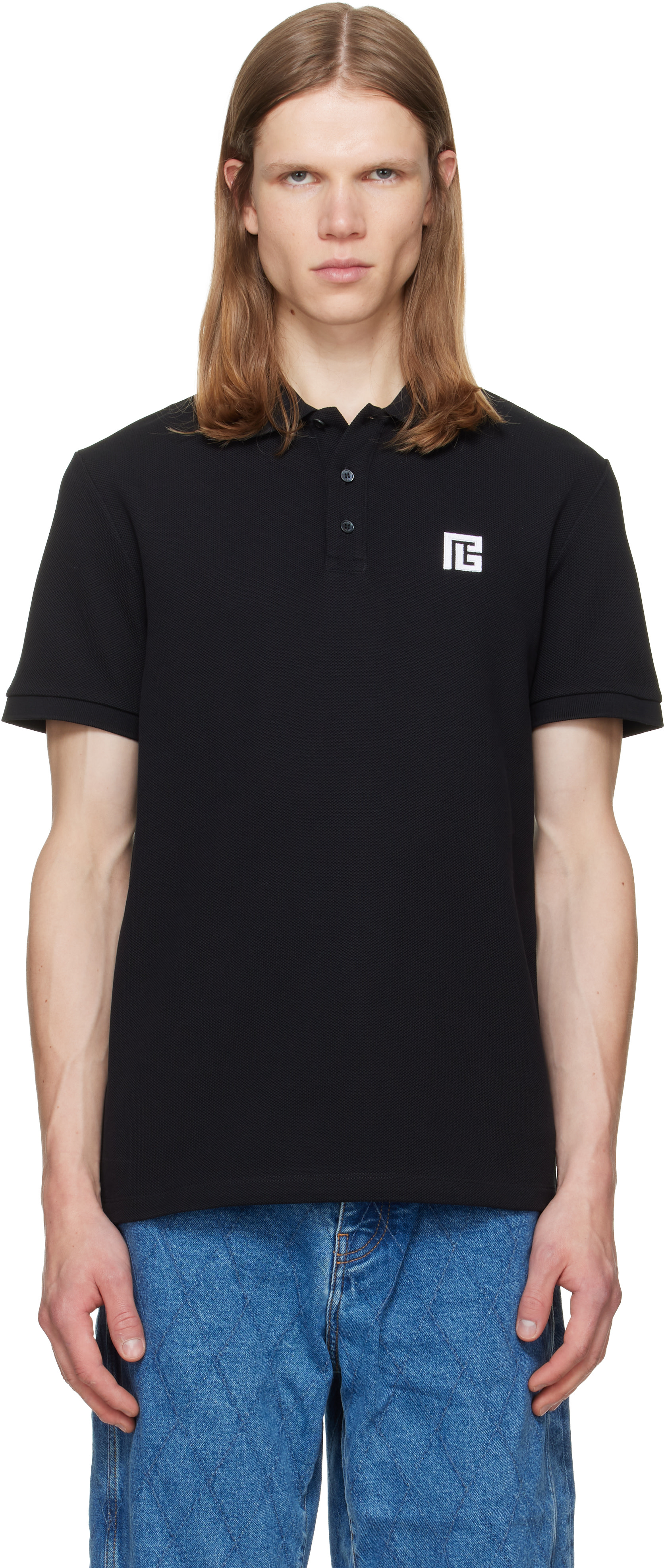 Balmain - Polo noir en coton à logo brodé