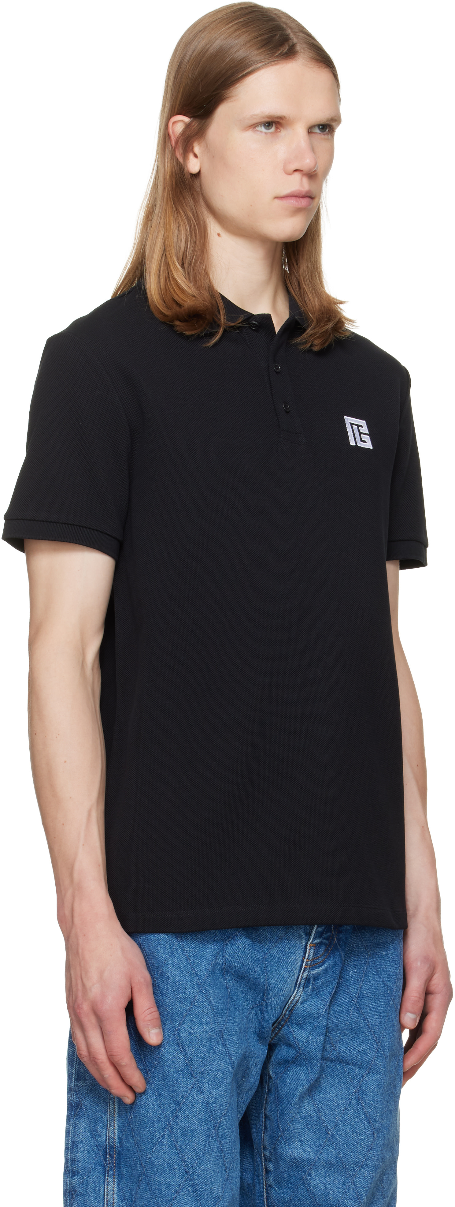 Balmain - Polo noir en coton à logo brodé