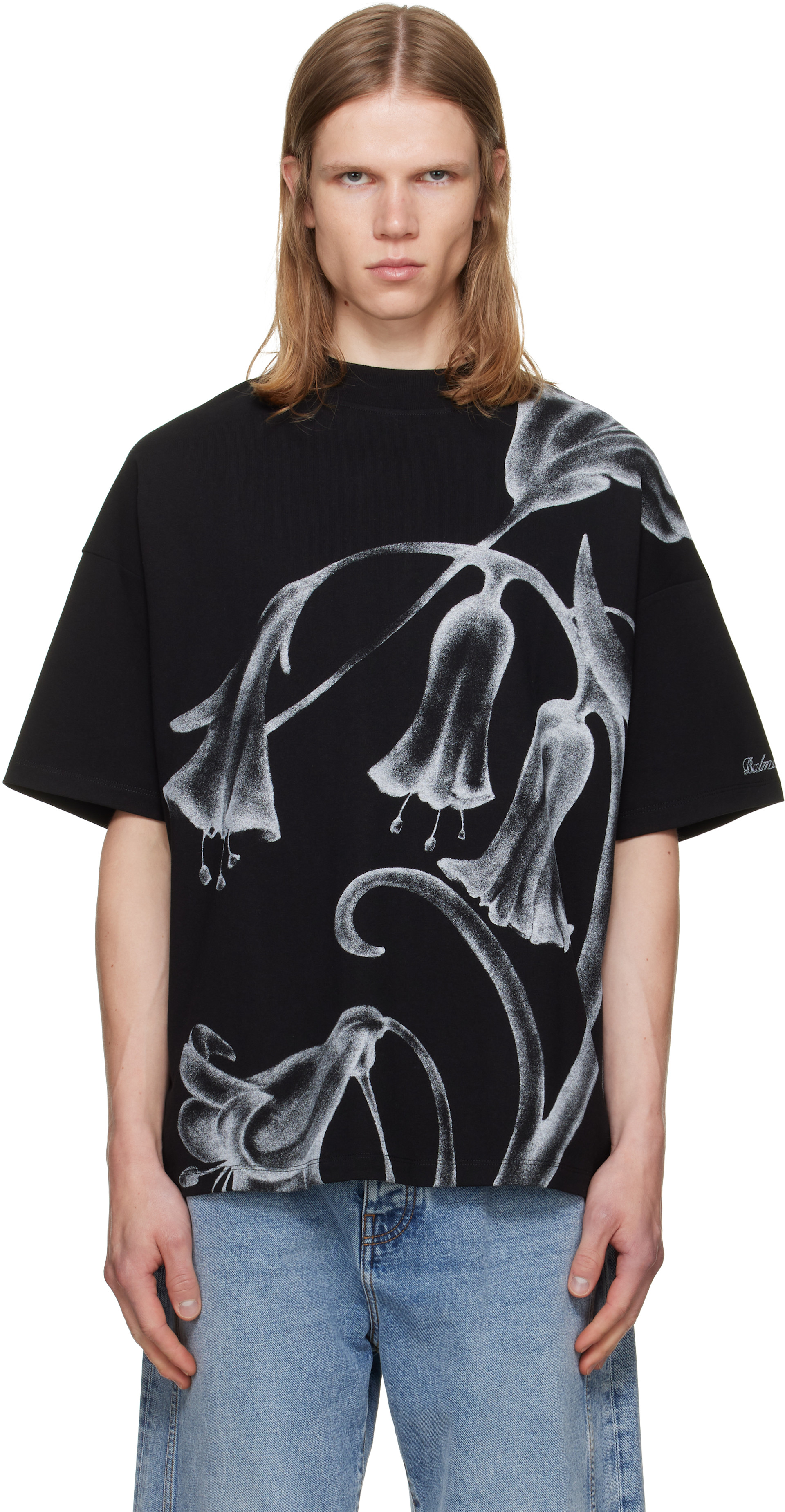 Balmain: ブラック Printed 'Balmain Flower' Tシャツ | SSENSE 日本