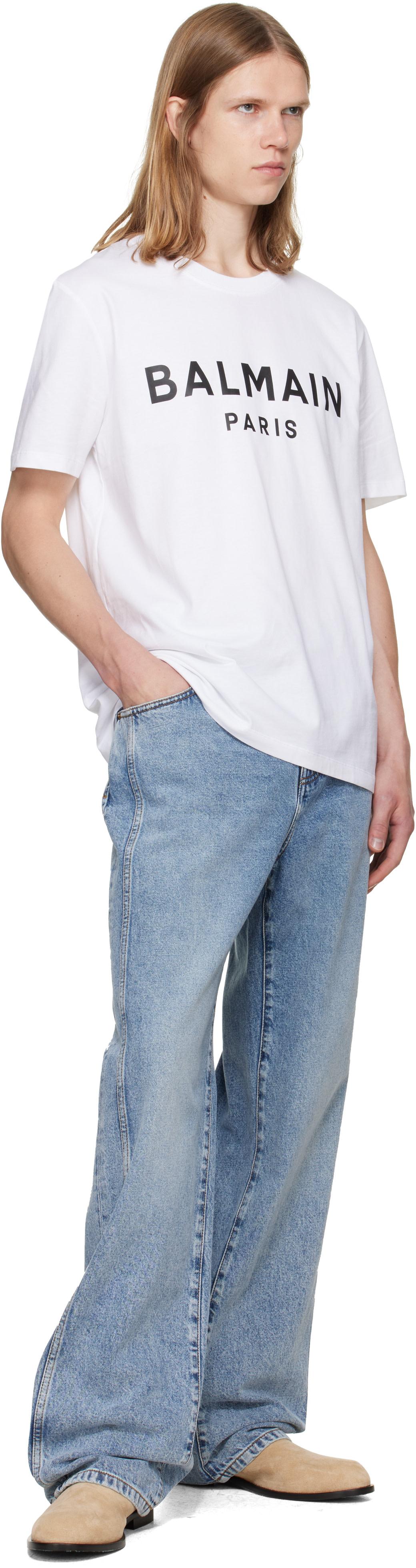 BALMAIN: White 'Balmain Paris' Print T-shirt | SSENSE