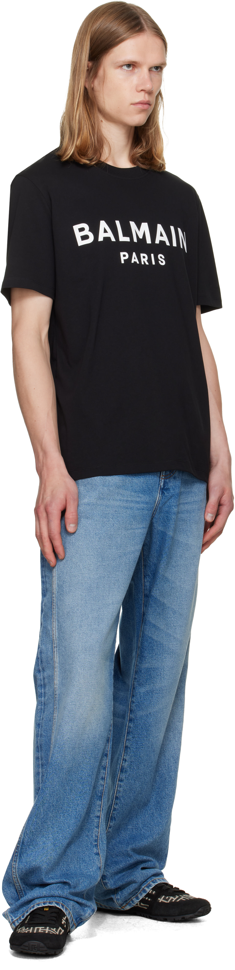 BALMAIN: Black 'Balmain Paris' Print T-shirt | SSENSE