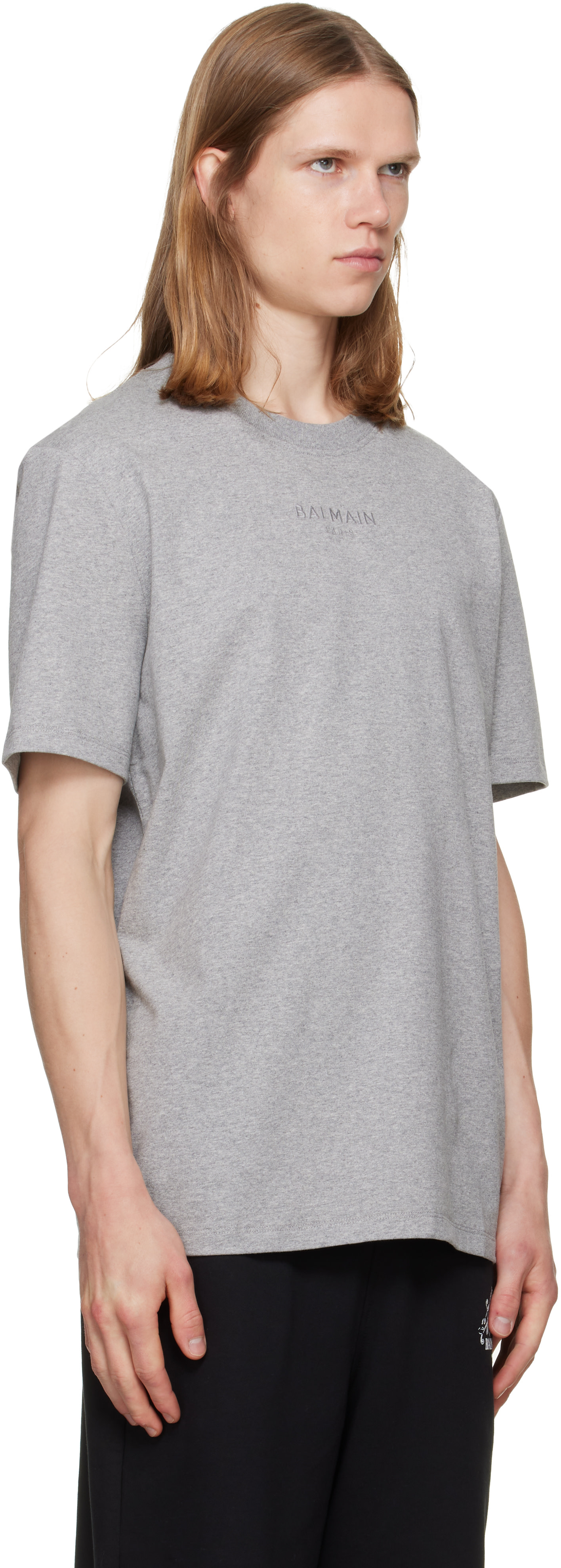 Balmain - T-shirt gris à logo brodé