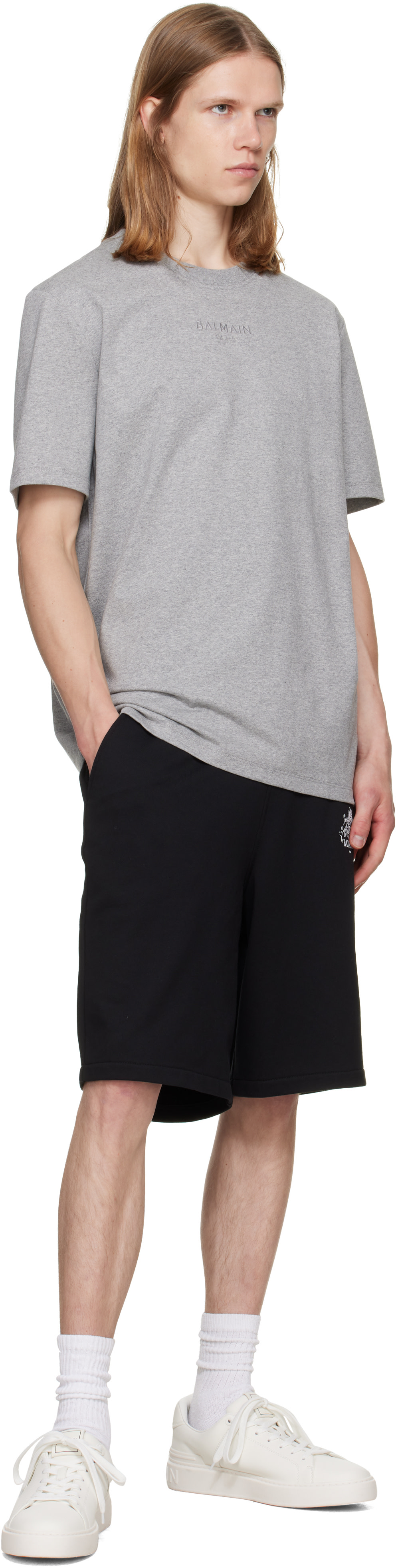 BALMAIN: Gray Embroidered 'Balmain Paris' T-shirt | SSENSE