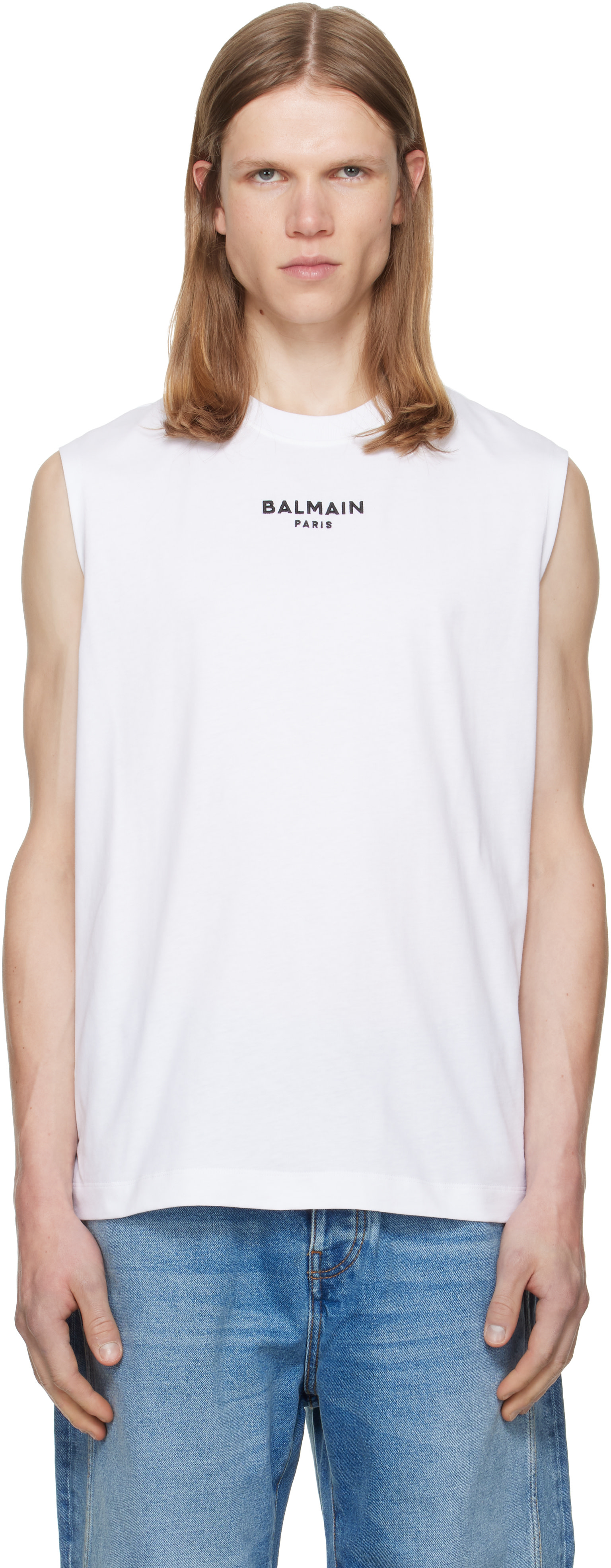 Balmain: ホワイト 'Balmain Paris' エンブロイダリー トップス