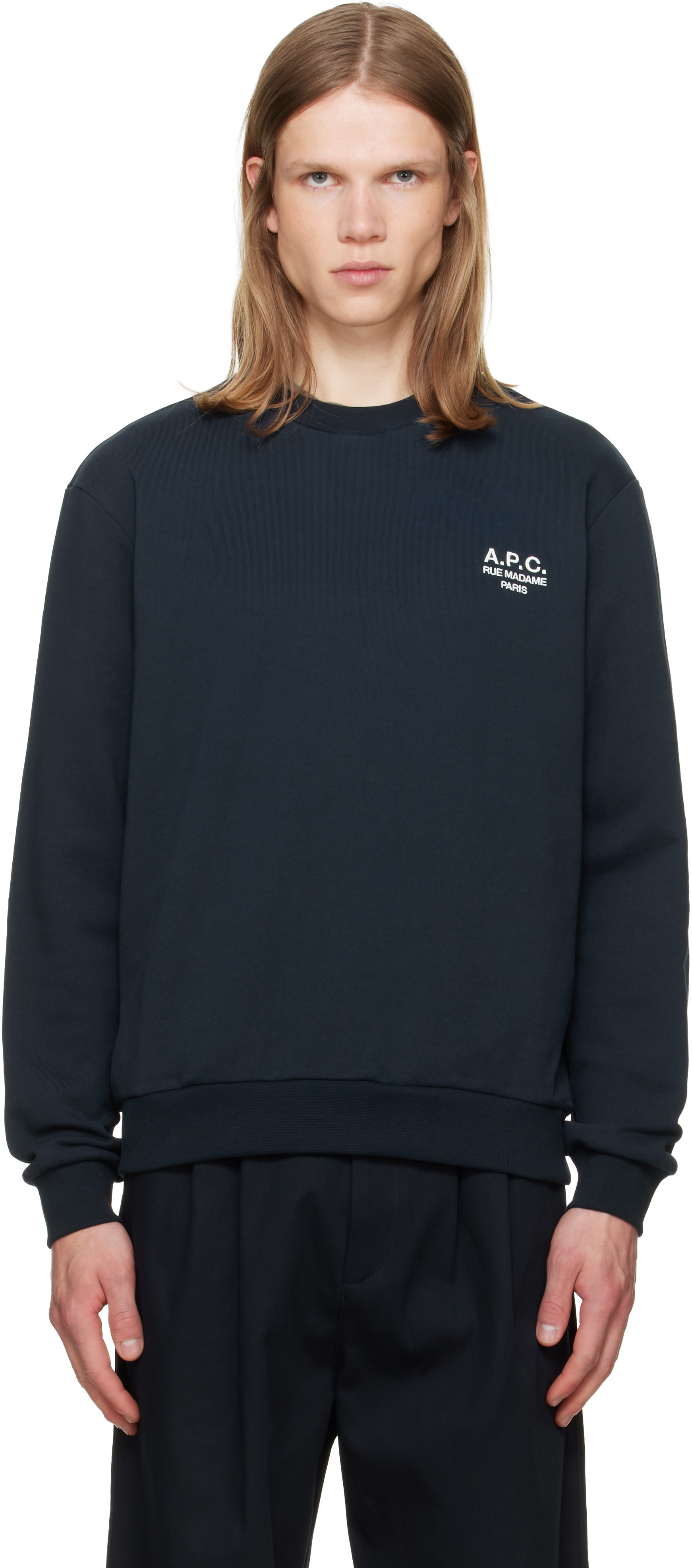 A.P.C. - Pull molletonné bleu marine à logo Rue Madame