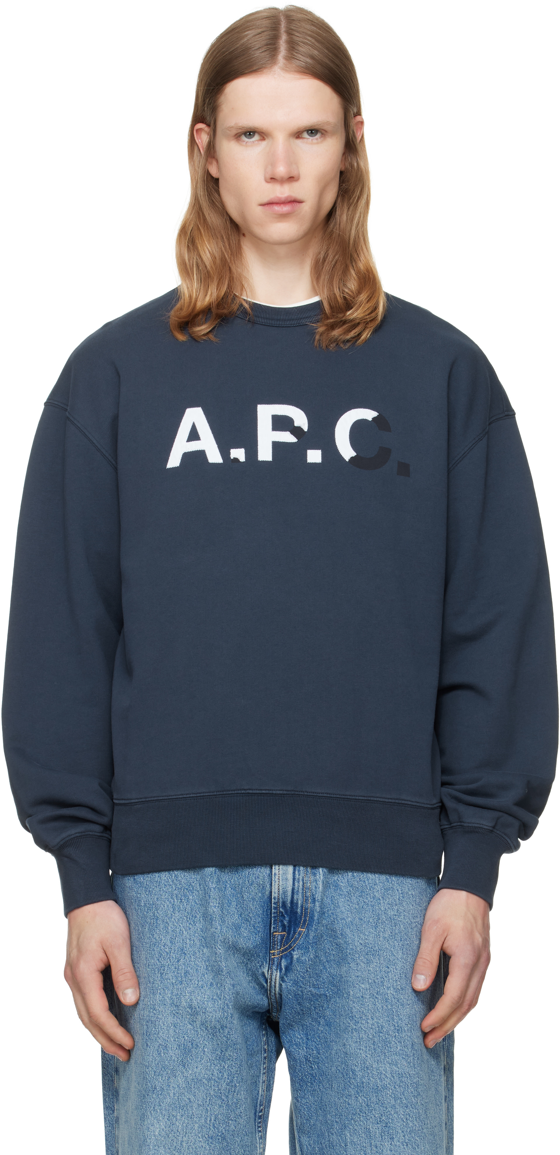 A.P.C. - Pull molletonné rétro bleu marine à logo
