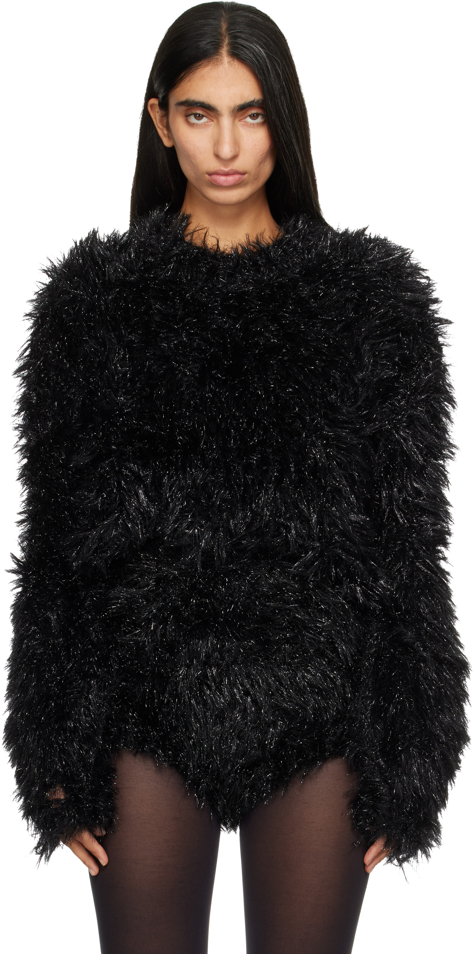 Junya Watanabe - Pull scintillant noir à col ras du cou