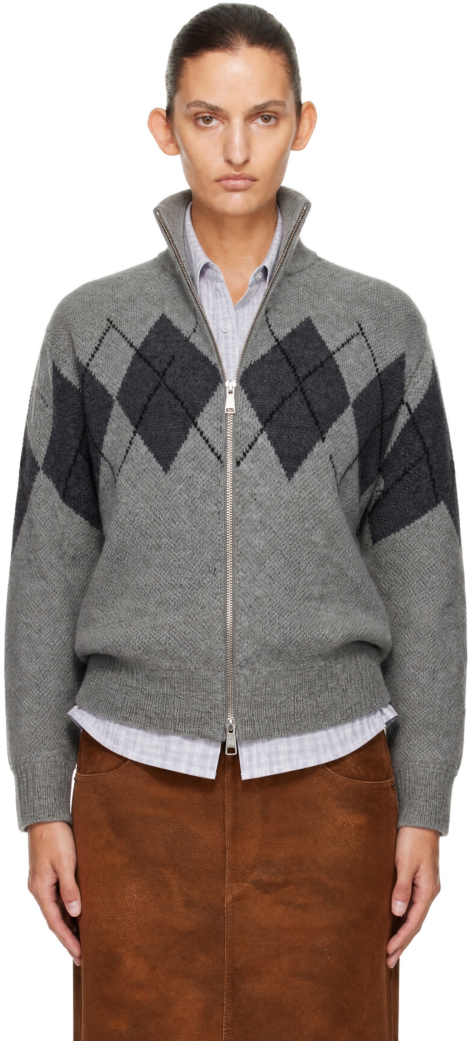 COOR: Gray Inside Out Argyle Zip-Up Cardigan | SSENSE