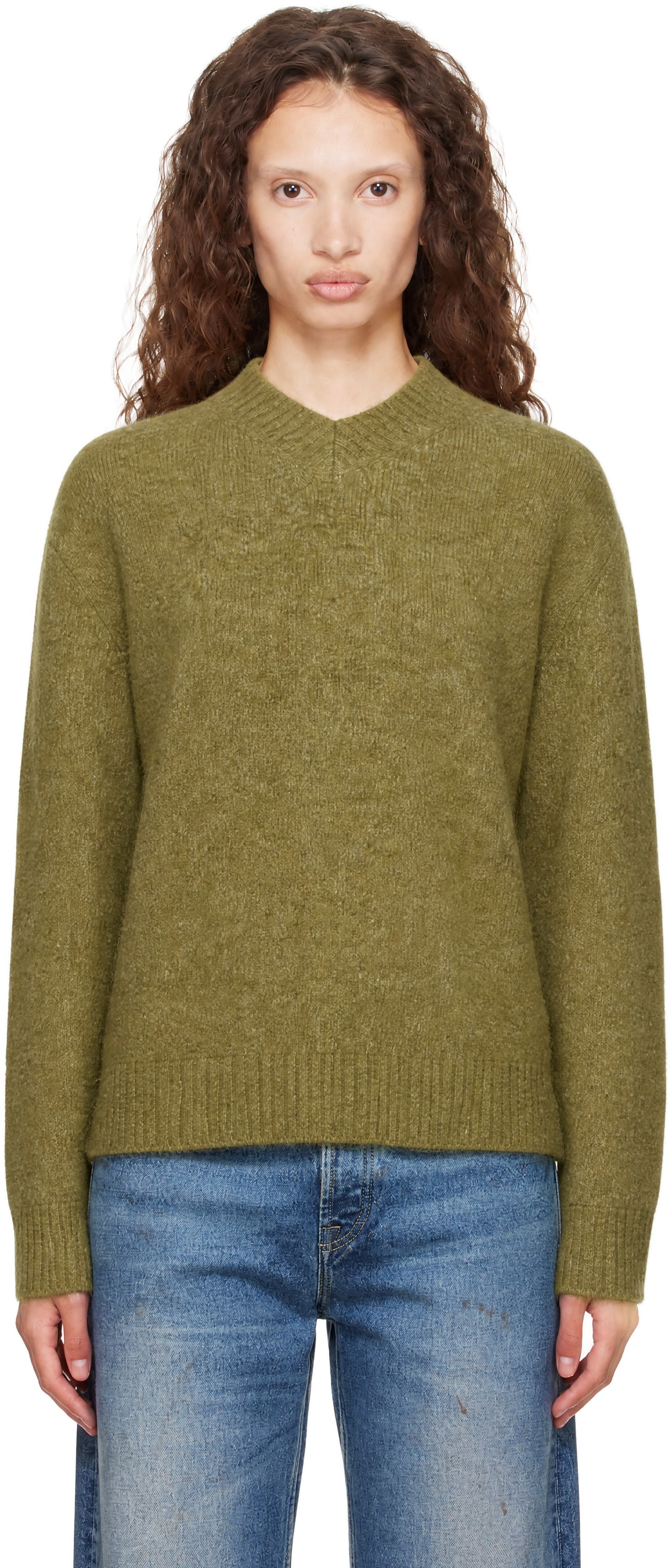 COOR - Pull vert en laine mélangée à col en V