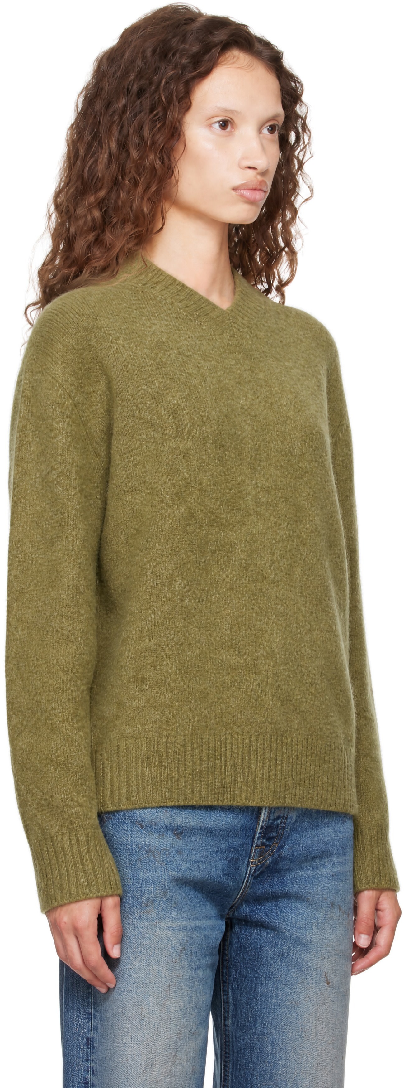 COOR - Pull vert en laine mélangée à col en V